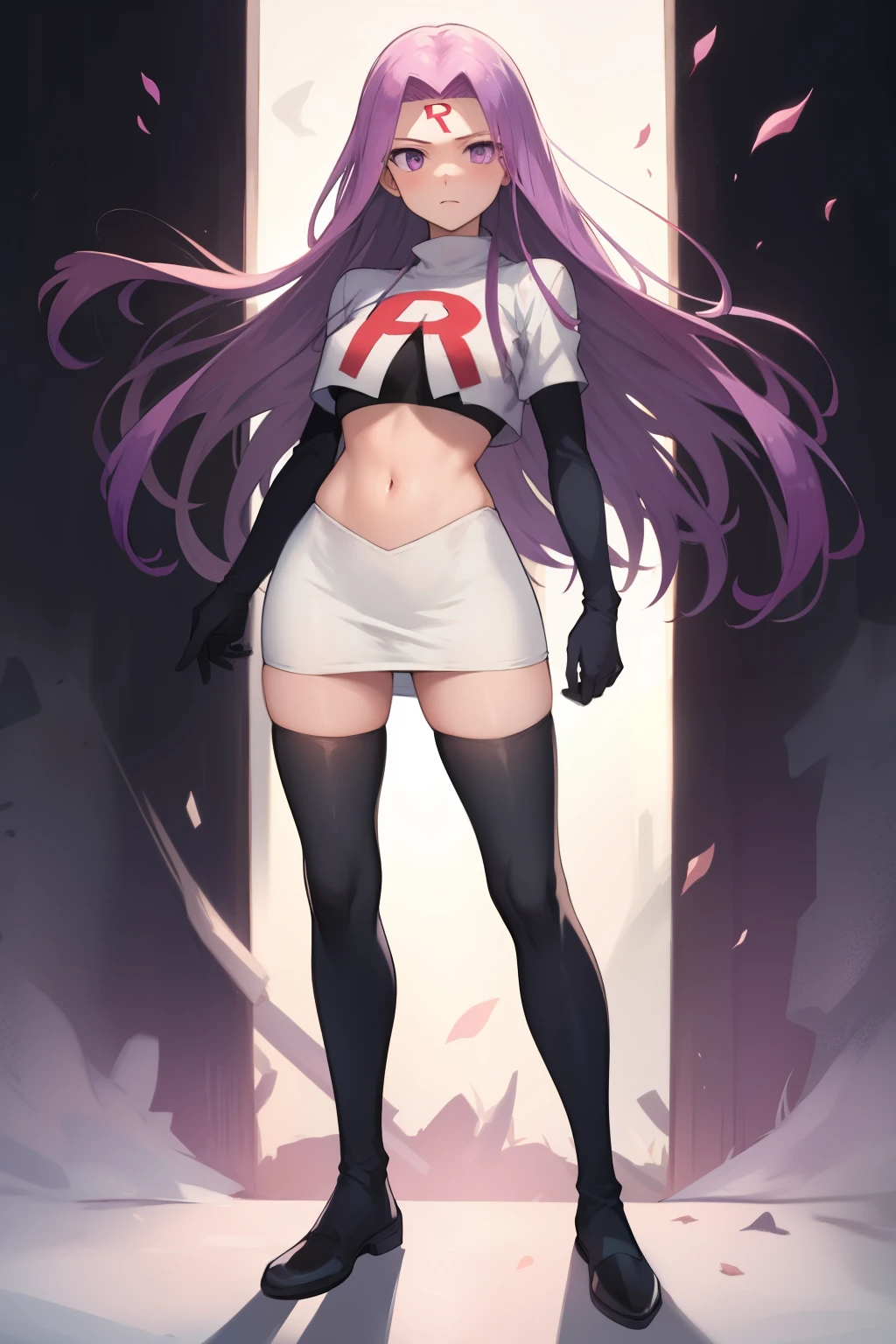 best quality, (masterpiece:1.2), highly detailed,
fate/stay background,
medusa_ubw,
1girl, solo, standing, looking at the viewer,
absurdly long hair, purple hair, floating hair, purple eyes, medium breasts,
team rocket,team rocket uniform,white skirt,red letter R,crop top,black thigh-highs,black elbow gloves,