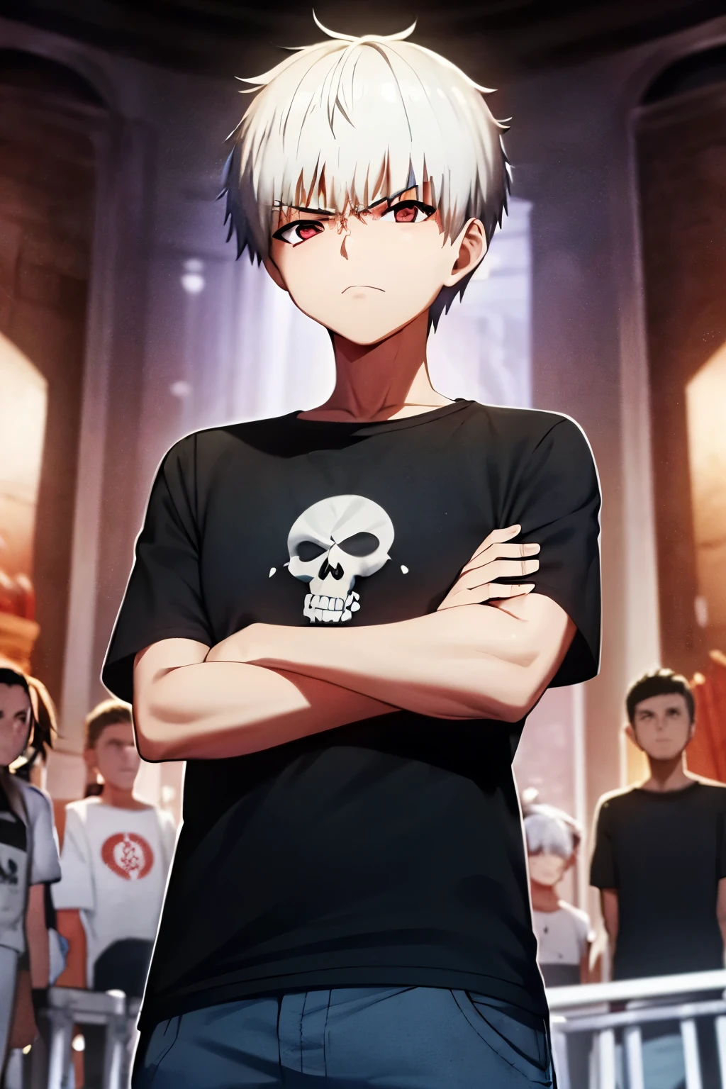 1 teenager boy, white hair, short hair, t-shirt, angry, with arms crossed in front, standing, black t-shirt with a white skull in the center, black, blue vermude, red eyes