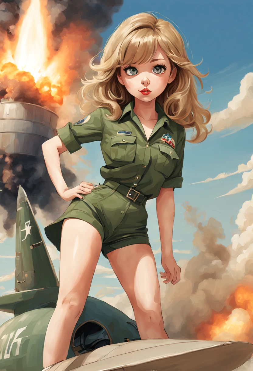 In this high quality illustration of pin-up art, we have Jennette McCurdy represented from behind. Ella lleva puesta una diminuta blusa verde que resalta su figura y unos diminutos pantalones cortos de mezclilla que muestran sus piernas. It is mounted on an atomic bomb, the one he is using as a rocket. La bomba tiene la etiqueta "army", representing his adventurous and daring spirit.