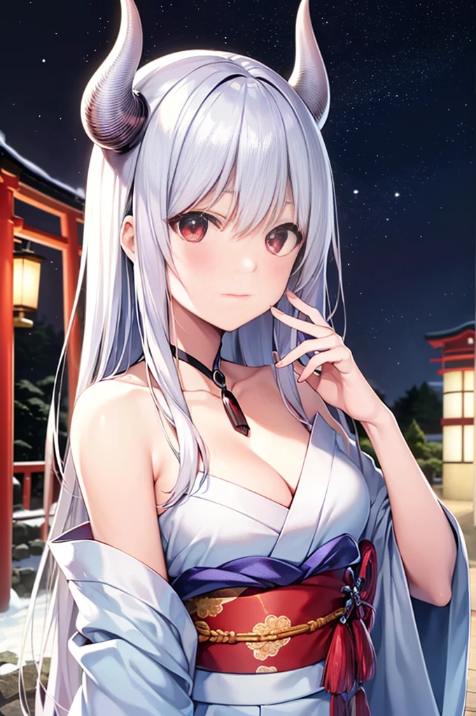 (((highest quality, High resolution, Japan Manga))) ,red eyes,red horn,devil's horns,white hair, 1 girl, alone, looking at the viewer, silver hair, medium breasts,closed mouth, clavicle, kimono,白いkimono,Two-dimensional beautiful girl,Japan anime beautiful girl,snow girl