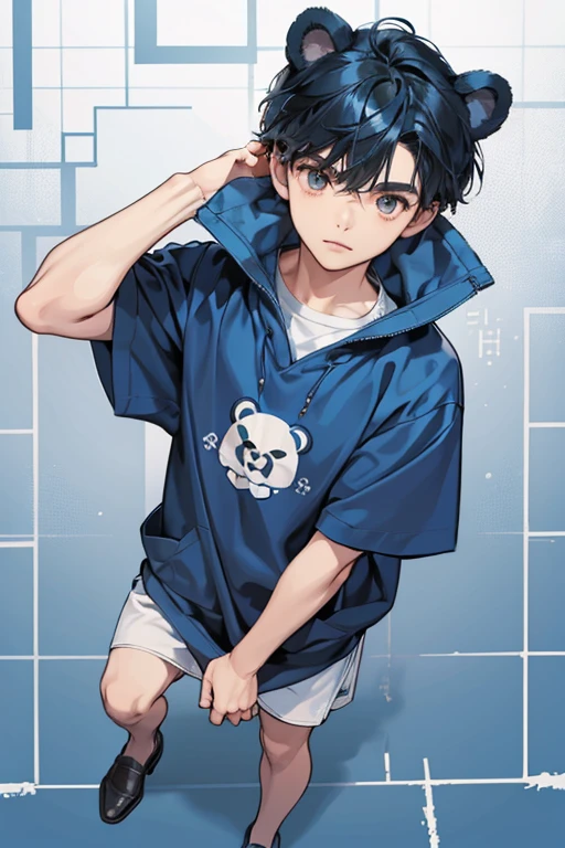 human Poncho from animal crossing. Poncho is a navy blue bear cub. He initially wears the Blue Grid Shirt, an off-white shirt with blue lines on it. On Poncho's head, there is a tuft of hair that is a lighter blue than his body, and he has yellow paws and feet. The inside of Poncho's ears are a dark brown or maroon color, and his arms and legs are navy blue like the rest of his body. she wear Blue-Grid Tee and Sweater Yellow