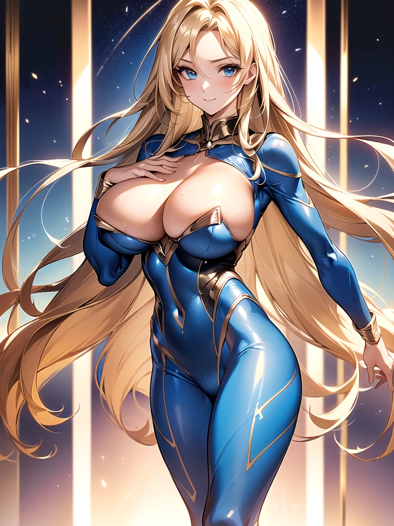 ((masterpiece)), ((high quality)), ((super detailed)), ((high resolution)), ((8k)), a beautiful woman, ((She is one of the most famous actress in Japan.)), unparalleled beauty, ((large breast:1.6)), ((large ass)), ((deep cleavage)), slim waist, chest out, ultra detailed face, perfect skin, (((waist length hair, ((long straight golden hair)), crossed bangs))), blue eyes, detailed eyes, whole body image, sexy, an inviting smile, sensual, (((anime))), ((glamorous)), sexual attraction, 23 years old, ((incredibly beautiful woman)), ((The H cup bust)), ((neat and clean.)) , (((Power Ranger, female commander))), heroine, (((high leg leotard power suit:1.3, white line on blue colored power suit, Reinforced power suit))), ((beautiful breasts)), beautiful legs, 8 life size, anime:1.4, wet, the most beautiful and strongest, ((charm)), ((british beauty)),