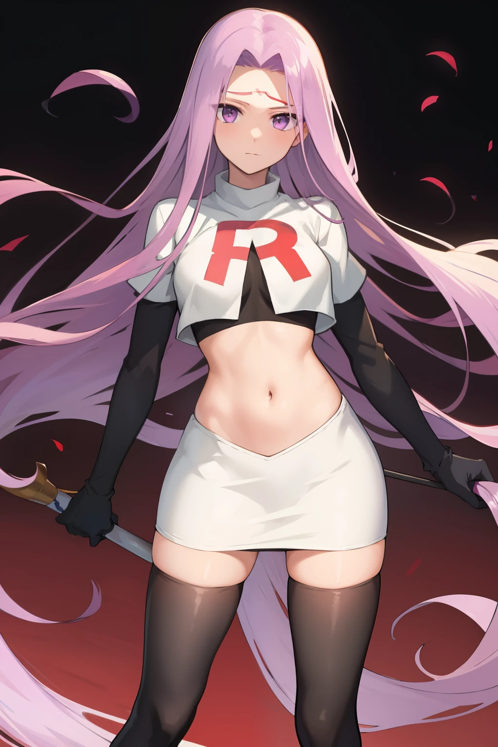 best quality, (masterpiece:1.2), highly detailed,
fate/stay background,
medusa_ubw,
1girl, solo, standing, looking at the viewer,
absurdly long hair, purple hair, floating hair, purple eyes, medium breasts,
team rocket,team rocket uniform,white skirt,red letter R,crop top,black thigh-highs,black elbow gloves,