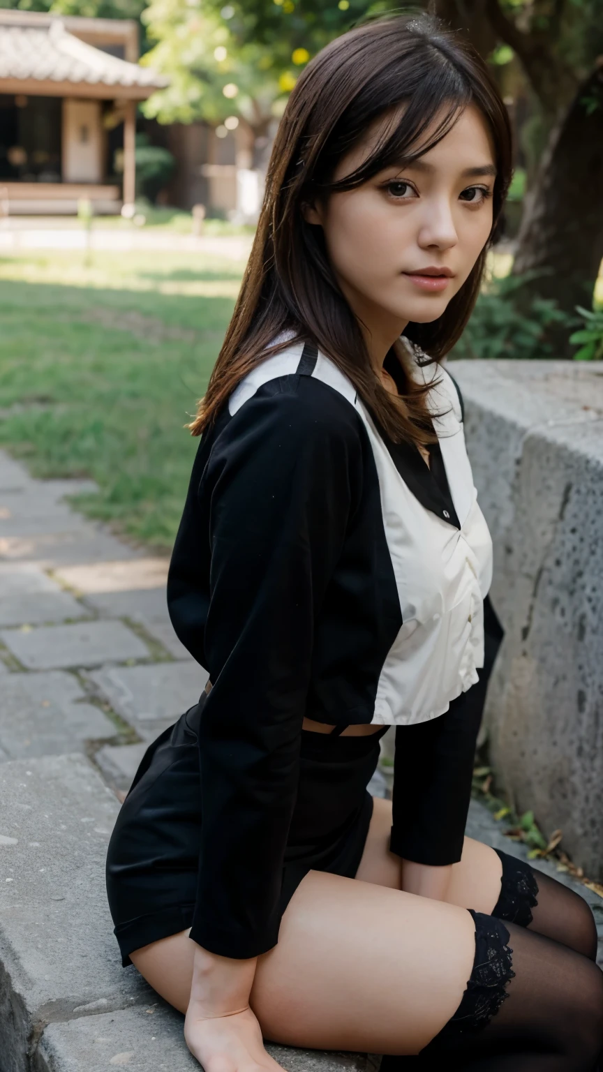 Best quality, full body portrait, delicate face, pretty face, 25 year old woman, slim figure, small bust, OL uniform, office clothes, black stockings, outdoor scene, sitting position, japanese woman, 8K, cinematic
