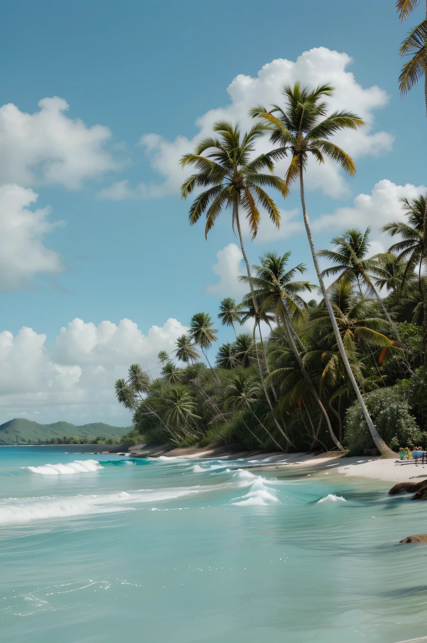 there is a wave coming in to the beach with palm trees, palm trees on the beach, carribean turquoise water, coconut trees, beach trees in the background, palm trees in the background, at a tropical beach, a photo of the ocean, caribbean, tropical beach paradise, tropical beach, tropical paradise, paradise in the background, tropical island,