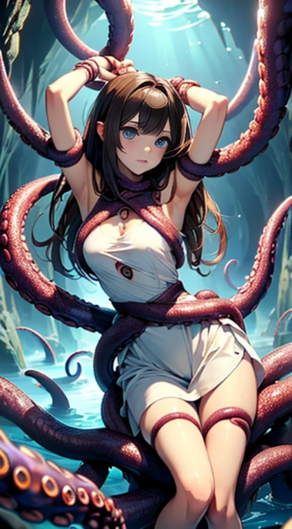 ((masterpiece)), ((best quality)), (ultra-detailed),(in the cave),(monster),(((many tentacles wrap arotnd the body))),a cute girl, 1girl, solo, (white girly dress),((many tentacles bound arms)), ((thin waist)),large breast, slim, slender,beautiful brown hair, beautiful blue eyes, (beautiful eyes), long hair,troubled expressio