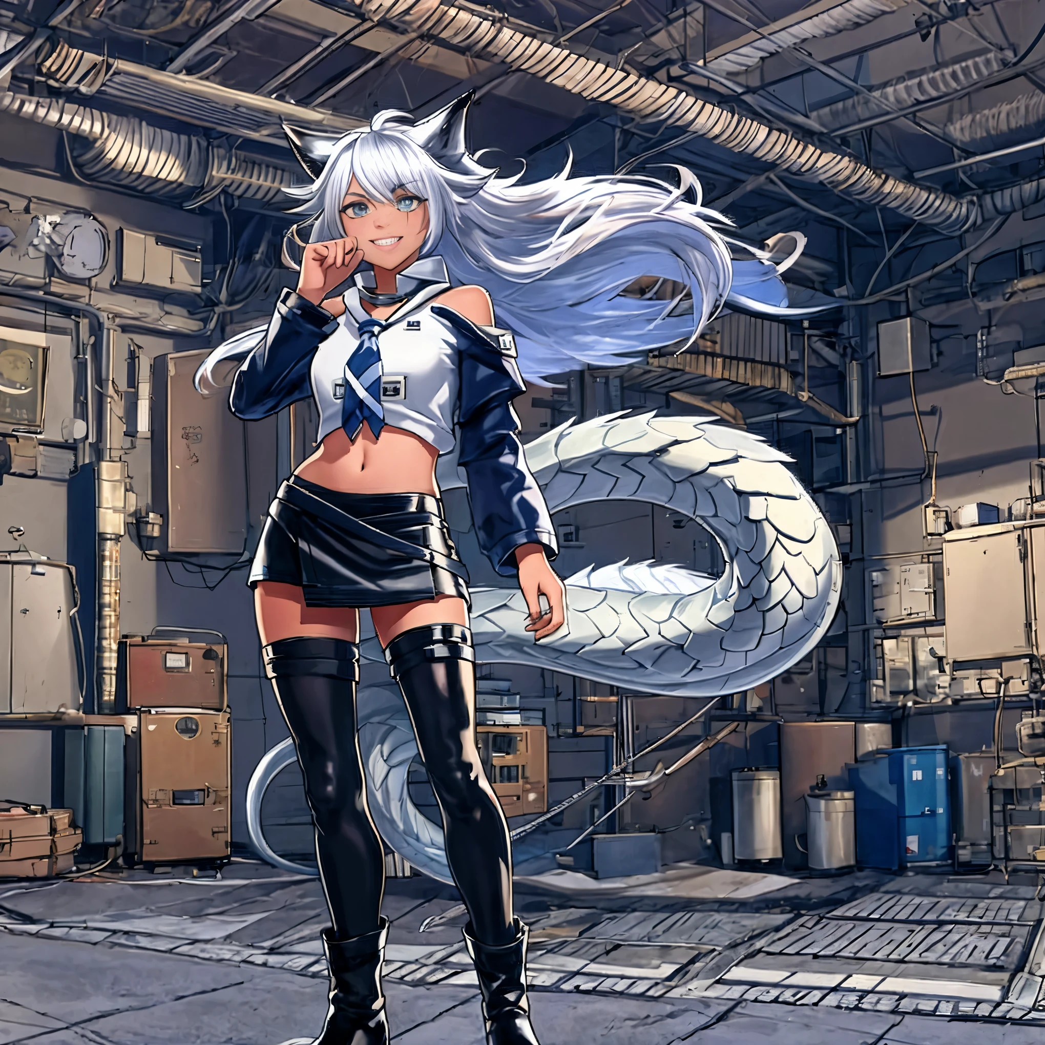 8k, resolution, high quality, high resolution, best quality, extremally detailed, best resolution, absurd resolution, ray tracing, high detailed, masterpiece, extremely detailed,detailed angelic face, shoulder length white hair, female,2 white wolf ears, teenage girl, slim body,white scale dragon tail, military boots,black leggings, navel blue school skirt, sailer shirt, white jacket, medium size chest, detailed blue eyes, detailed beautiful face,solo female,1 dragon tail, detailed eyes, tomboyish, dragon tail, white scales, 2 dragon wings, white fluffy wings