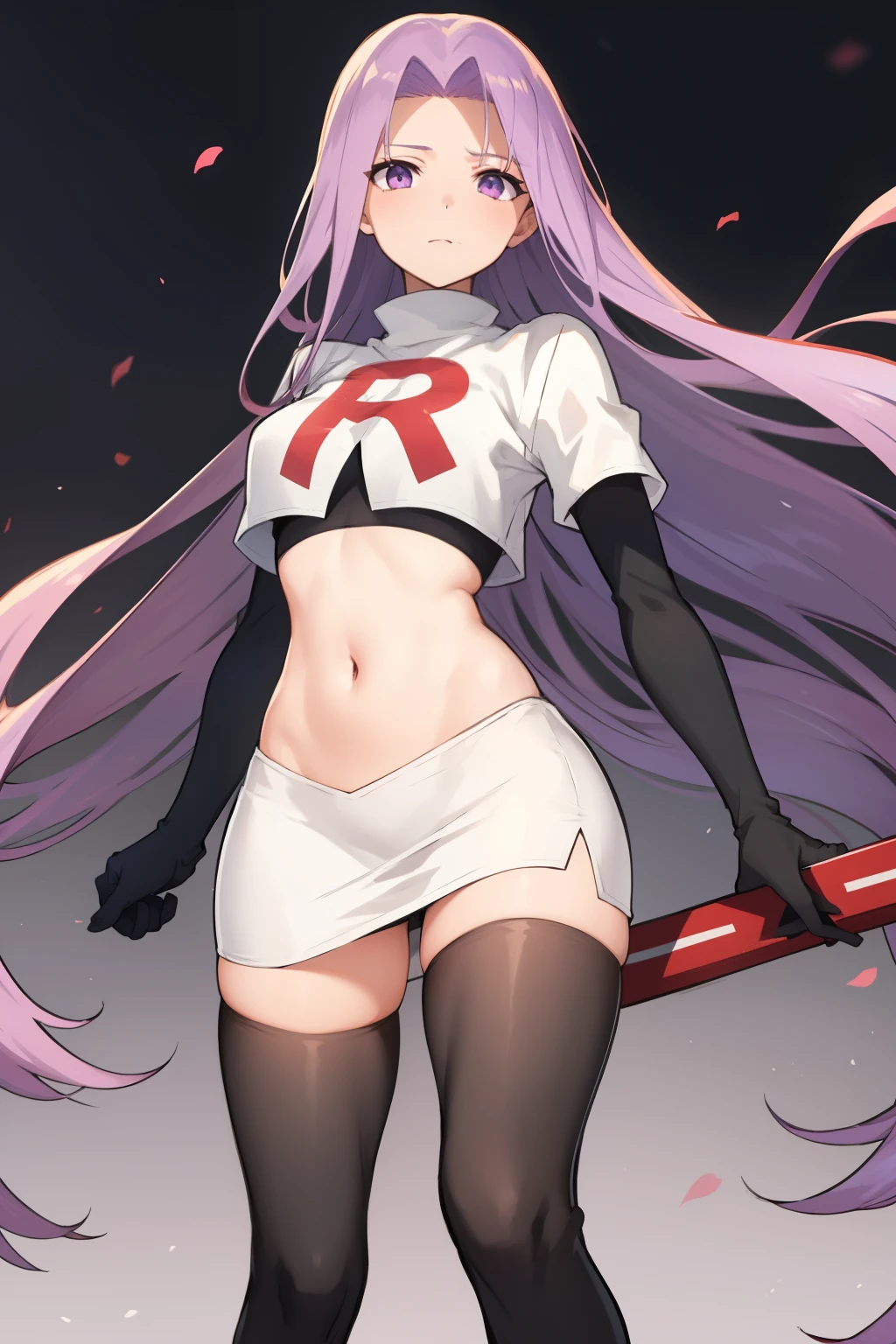 best quality, (masterpiece:1.2), highly detailed,
fate/stay background,
medusa_ubw,
1girl, solo, standing, looking at the viewer,
absurdly long hair, purple hair, floating hair, purple eyes, medium breasts,
team rocket,team rocket uniform,white skirt,red letter R,crop top,black thigh-highs,black elbow gloves,