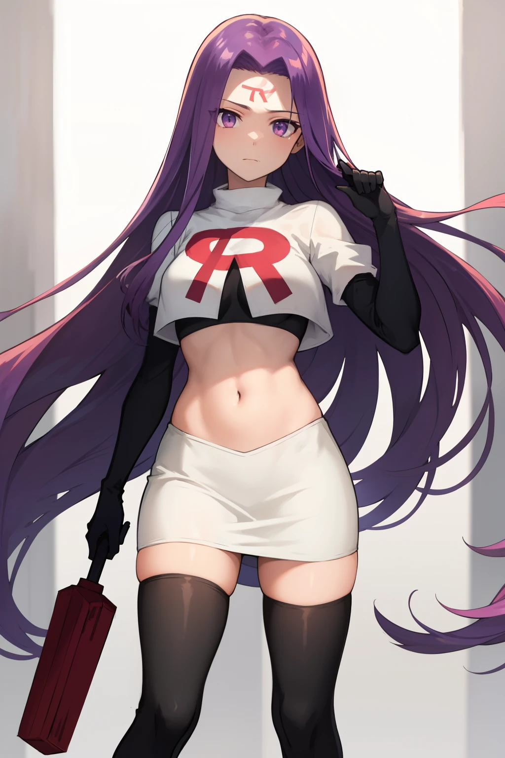 best quality, (masterpiece:1.2), highly detailed,
fate/stay background,
medusa_ubw,
1girl, solo, standing, looking at the viewer,
absurdly long hair, purple hair, floating hair, purple eyes, medium breasts,
team rocket,team rocket uniform,white skirt,red letter R,crop top,black thigh-highs,black elbow gloves,