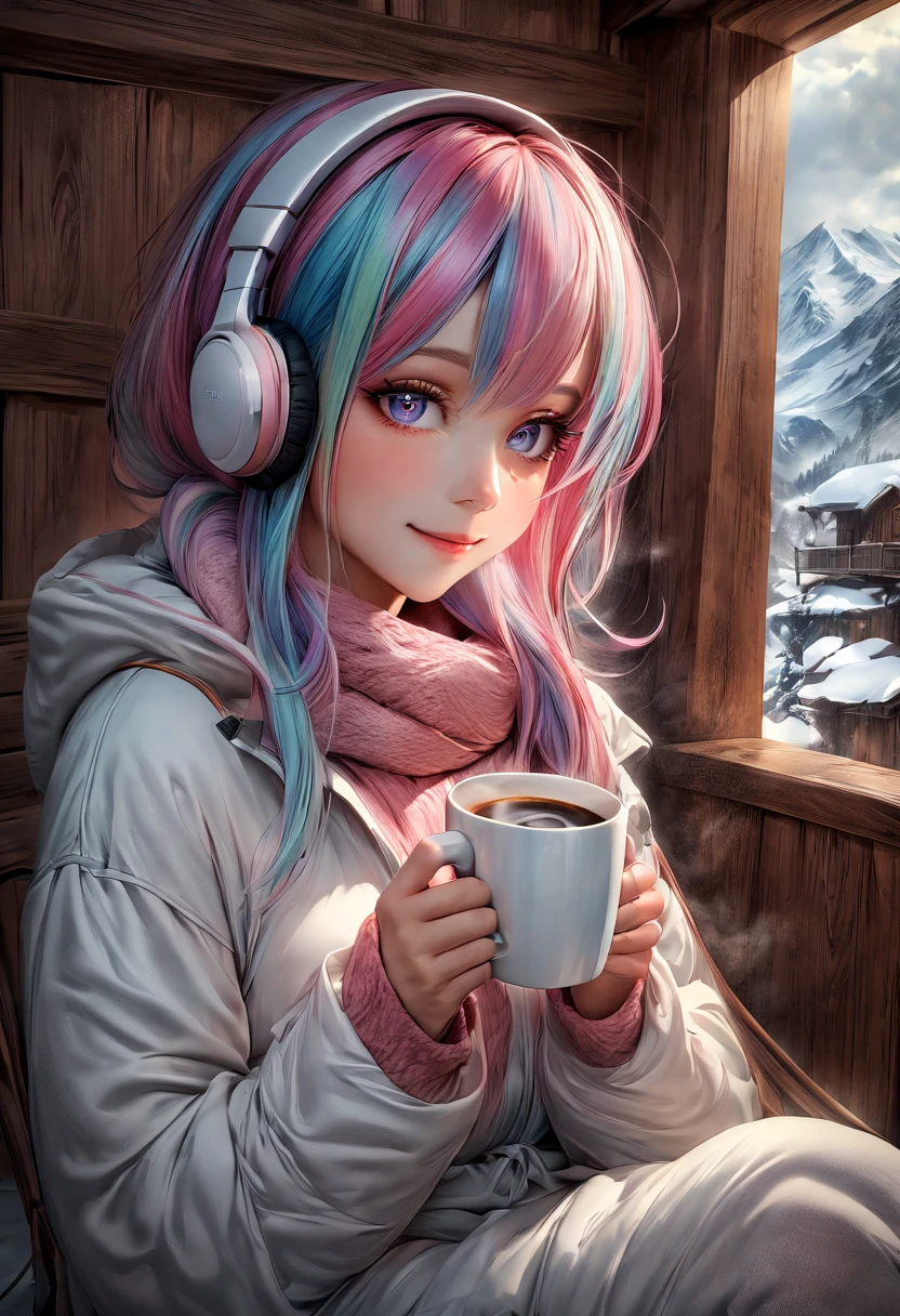 A young woman with tied-up colored hair and eyes resembling a rainbow, listening to calm music on headphones, with a sexy smile, holding a cup of coffee, dressed in cold weather clothing, in a chalet at the base of a mountain. An image that inspires calmness, tranquility, lightness, simplicity, and comfort.