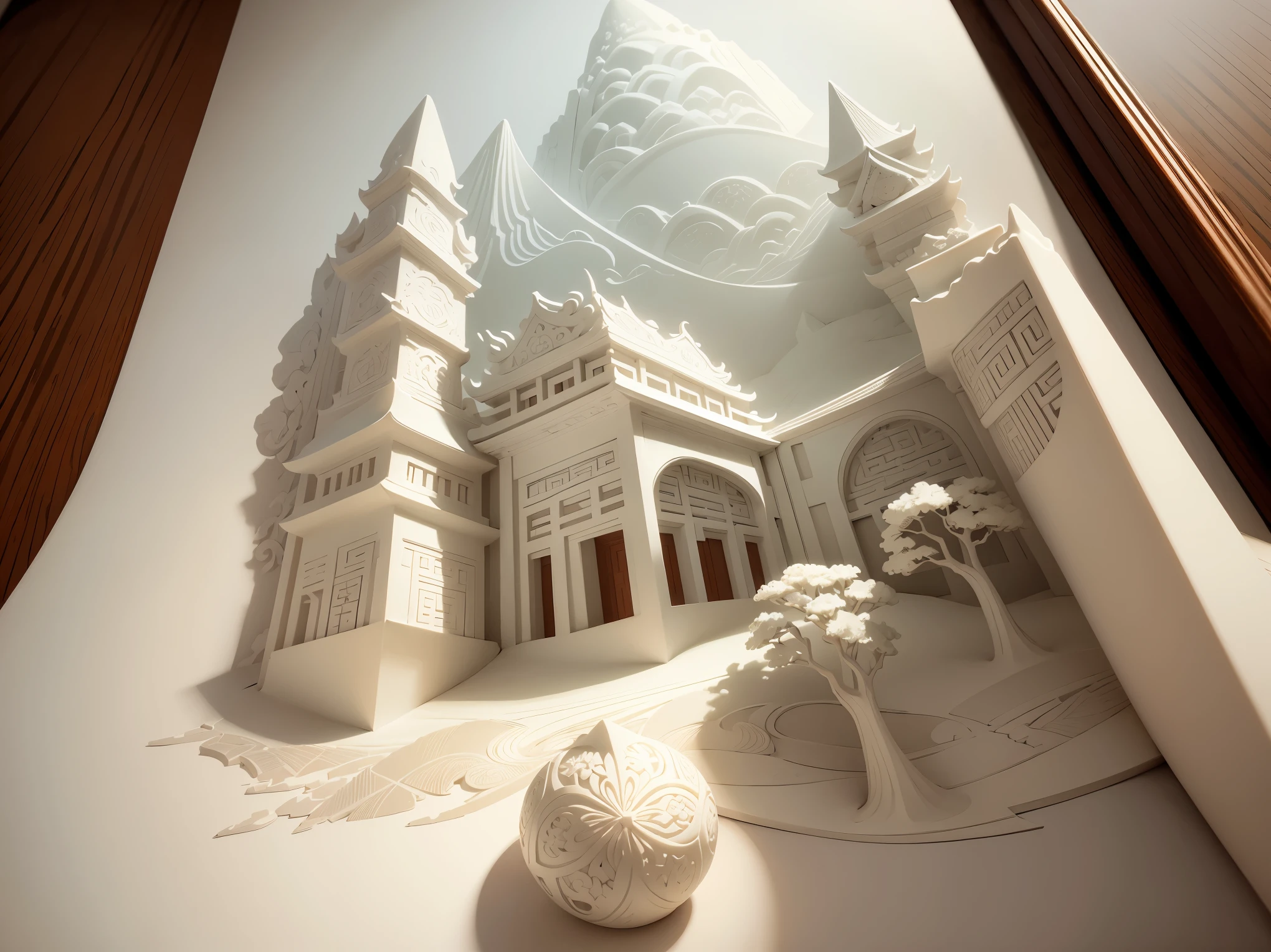 3D white relief, meticulously carved, white ivory carving, chinese illustration on white background, pastel, traditional chinese style, oriental landscape painting, multidimensional paper fog crafts, paper illustration, super wide angle view, dream, 8k, romantic, high resolution, 8k