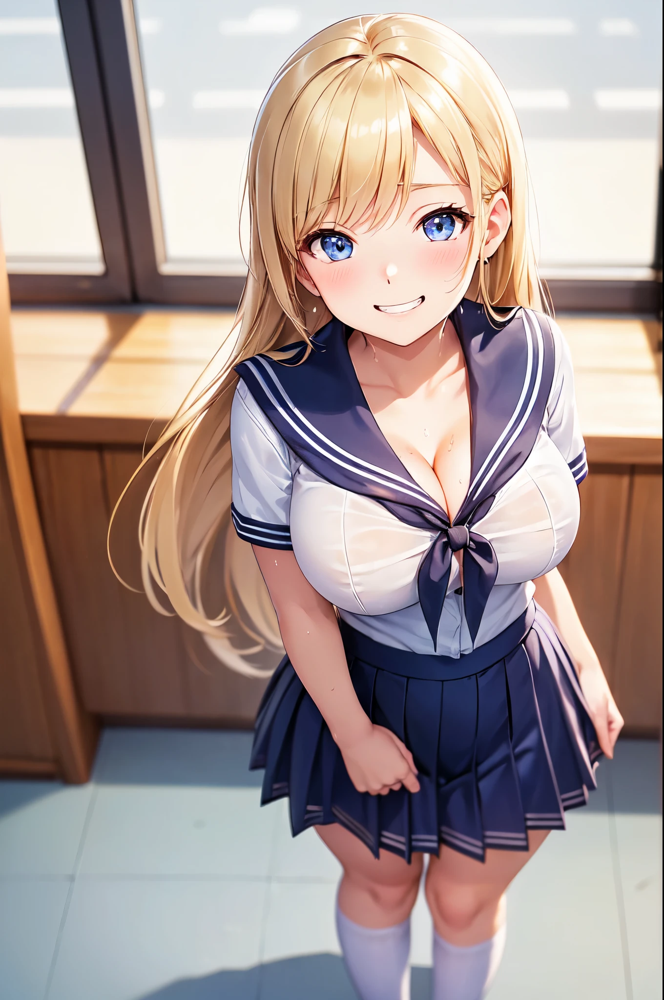 (High quality, High resolution, Fine details), sailor student uniform, (forward leaning posture), (Front View:1.2), (View from above), (Focus on cleavage:1.2), solo, curvy women, blond hair, sparkling eyes, (Detailed eyes:1.2), (Tilt Head), Grin, blush, Sweat, Oily skin, shallow depth of field, Bokeh