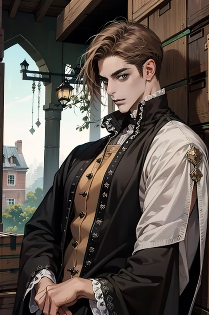 (masterpiece, best quality:1.2), (absurd res, high res, ultra detailed), 1 male, adult, handsome, tall muscular guy, broad shoulders, brown hair, finely detailed green eyes, portrait, looking at viewer, solo, half shot, detailed background, detailed face, (gothic), smirk, vampire, dark leather, high fantasy,, stealth, undercover, (crates in background), shadows, fog, (dutch angle), closed mouth, duke; era vitoriana.
