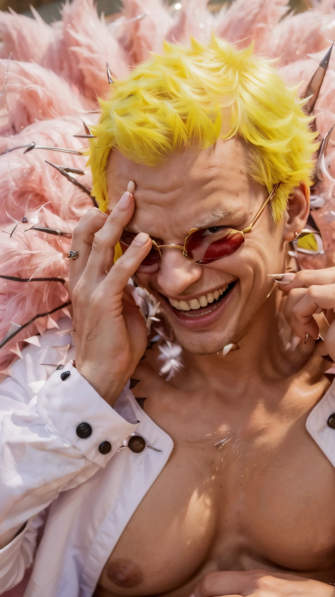 (((Realistic))), (((mastepiece))), (((best quality))), (perfect face))), man, solo, (((Spaniard))), (((35 years old))), donquixote doflamingo from one piece, ((short spiky hair)), yellow hair, muscular, wearing red glasses, wearing a white shirt, wearing a ping-colored fur cloak, (((character's right hand fingers holding character's face))), (((the character's is laughing evilly))), (((character's evil laugh))), (((detailed fingers))), (((detailed hand)))