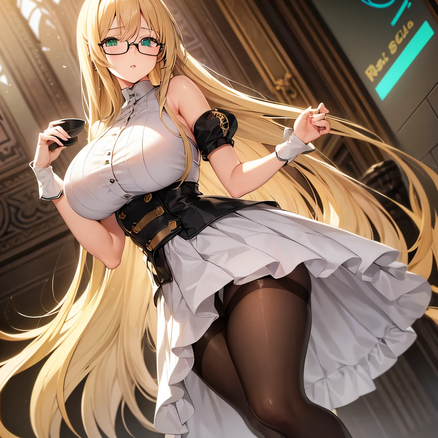 blonde with long hair // green eyes // white short skirt // black boots //  high quality image 4k // glasses // alone beautiful woman // pantyhose with garter belt // big breasts (cup size G) 