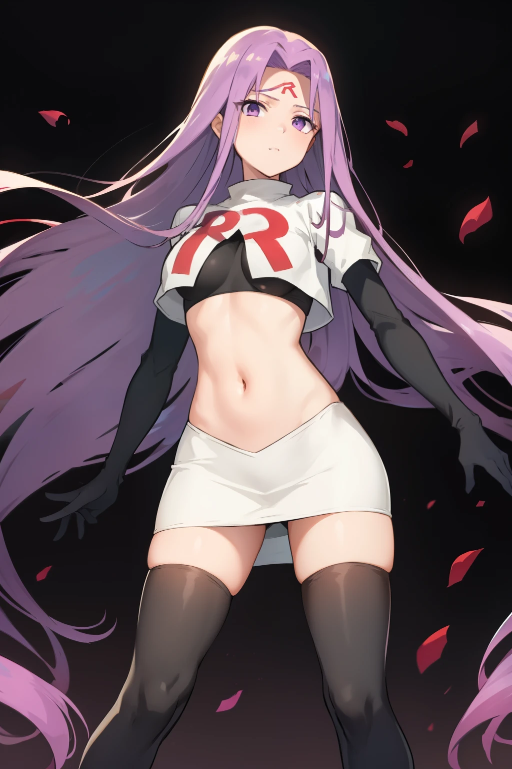 best quality, (masterpiece:1.2), highly detailed,
fate/stay background,
medusa_ubw,
1girl, solo, standing, looking at the viewer,
absurdly long hair, purple hair, floating hair, purple eyes, medium breasts,
team rocket,team rocket uniform,white skirt,red letter R,crop top,black thigh-highs,black elbow gloves,