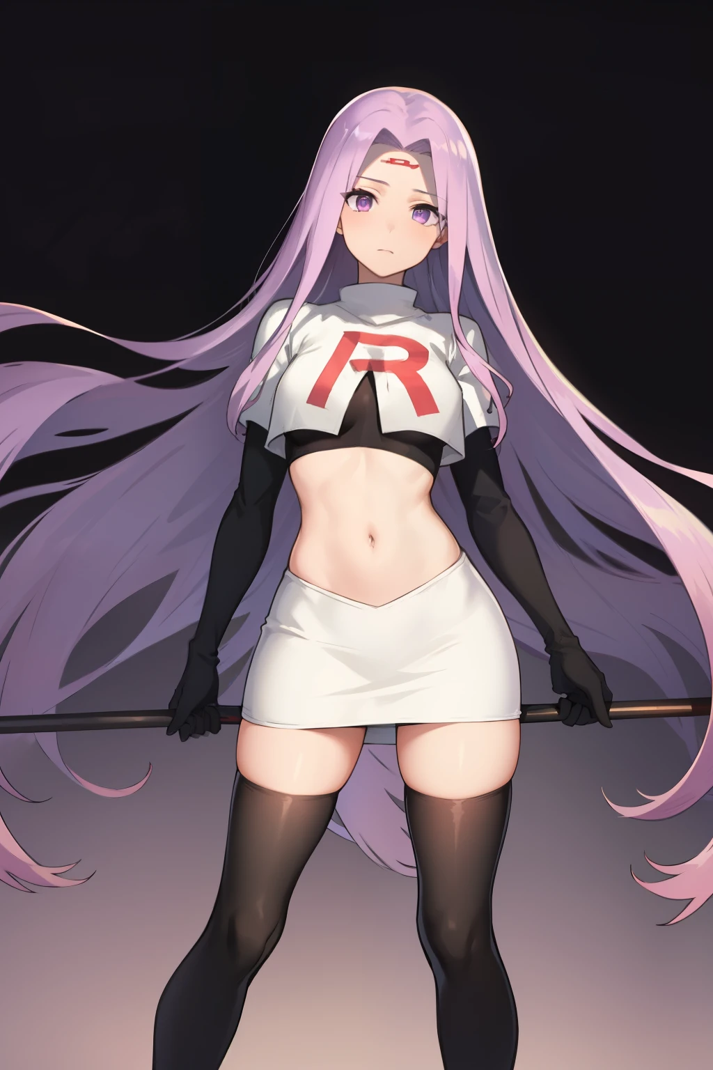 best quality, (masterpiece:1.2), highly detailed,
fate/stay background,
medusa_ubw,
1girl, solo, standing, looking at the viewer,
absurdly long hair, purple hair, floating hair, purple eyes, medium breasts,
team rocket,team rocket uniform,white skirt,red letter R,crop top,black thigh-highs,black elbow gloves,