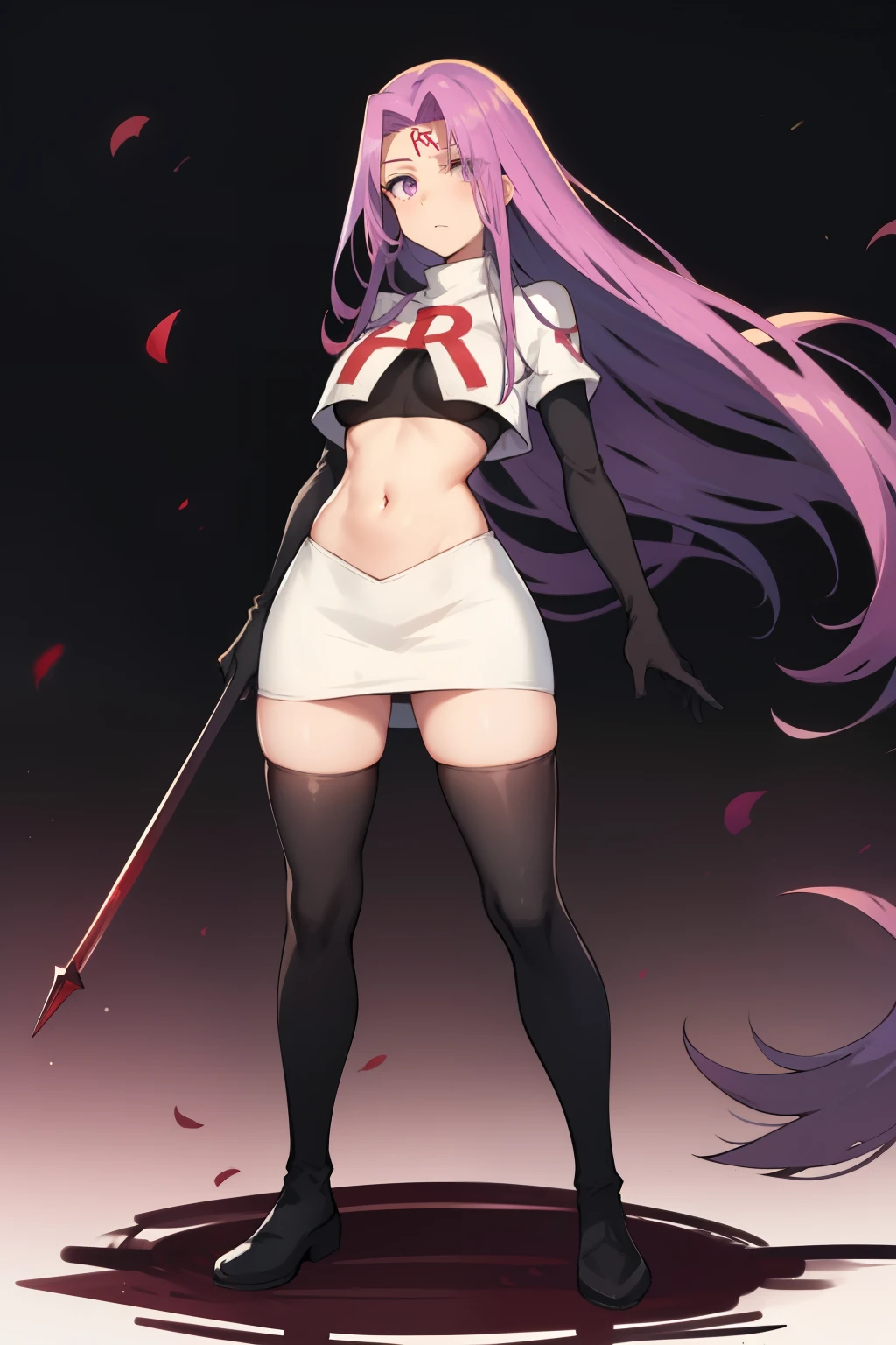 best quality, (masterpiece:1.2), highly detailed,
fate/stay background,
medusa_ubw,
1girl, solo, standing, looking at the viewer,
absurdly long hair, purple hair, floating hair, purple eyes, medium breasts,
team rocket,team rocket uniform,white skirt,red letter R,crop top,black thigh-highs,black elbow gloves,