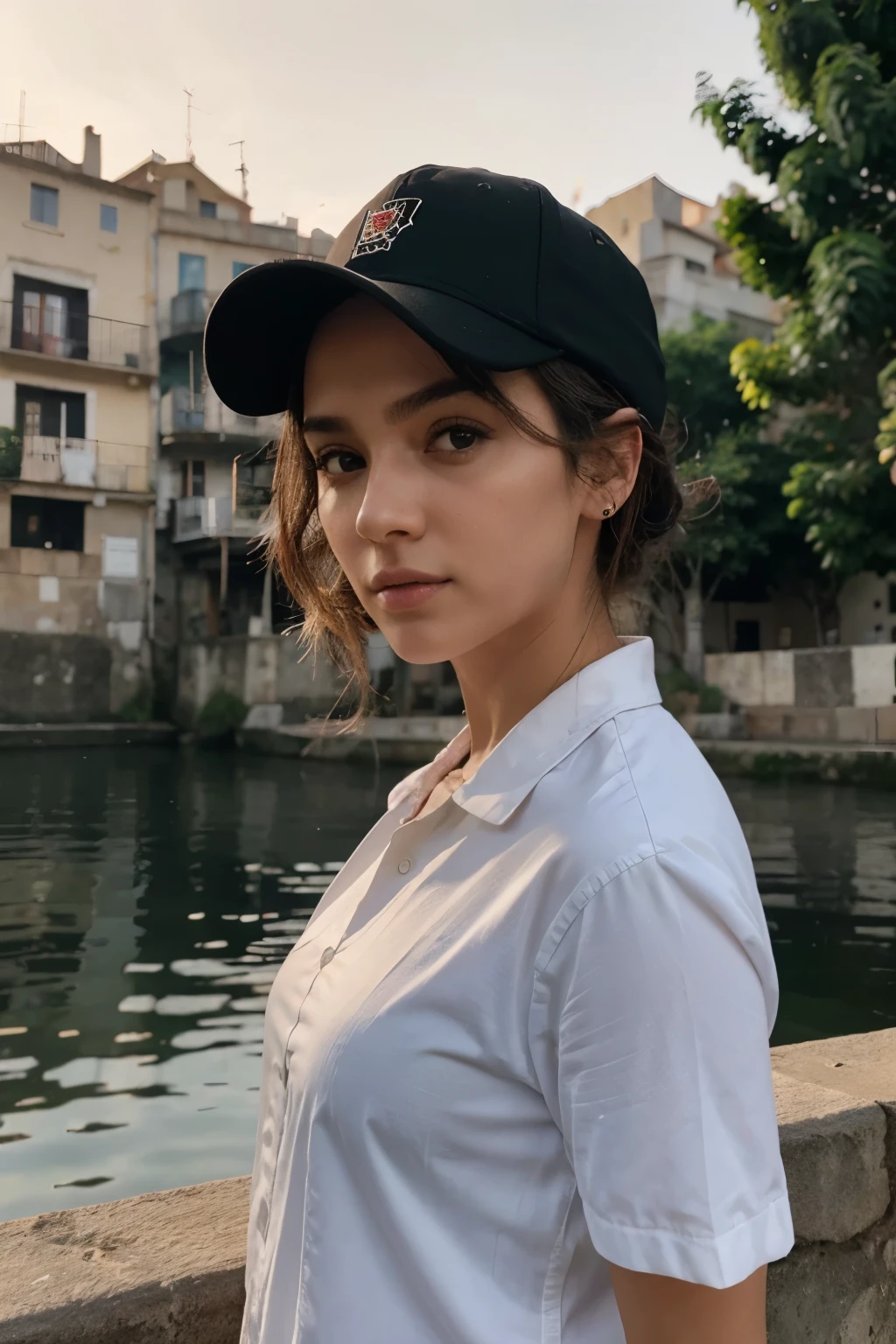 medium shot, medium shot, profundidade de campo, busto, tronco, cinematic angle, obra de arte, melhor qualidade, super detalhado, CG, Papel de parede 8k, cara bonita, Olhos delicados, Uma donzela, Sozinho, cabelo longo branco, olhos amarelos, grampo, camisa branca, jaqueta preta com capuz, black baseball cap, meias pretas, Botas pretas sobre o joelho, sunset, porto medieval, Porto, detailed water surface, Reflexo do sol