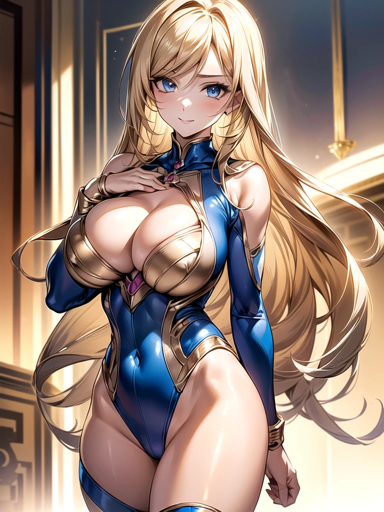 ((masterpiece)), ((high quality)), ((super detailed)), ((high resolution)), ((8k)), a beautiful woman, ((She is one of the most famous actress in Japan.)), unparalleled beauty, ((large breast:1.6)), ((large ass)), ((deep cleavage:1.2)), slim waist, chest out, ultra detailed face, perfect skin, (((waist length hair, ((long straight golden hair)), crossed bangs))), blue eyes,  detailed eyes, sexy, an inviting smile, sensual, (((anime))), ((glamorous)), sexual attraction, 25 years old, ((incredibly beautiful woman)), ((The H cup bust)), ((neat and clean.)) , (((Power Ranger, female commander))), heroine,  (((high leg leotard power suit:1.3, white line on blue colored power suit, Reinforced power suit))),  ((beautiful breasts)), beautiful legs, 8 life size, anime:1.4, wet, the most beautiful and strongest, ((charm)), ((british beauty)),