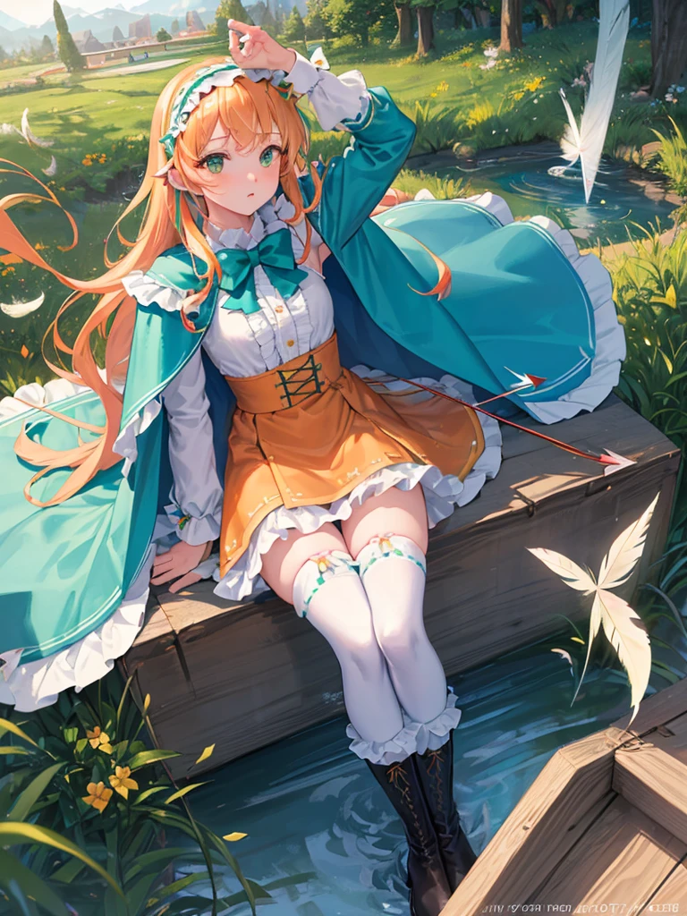 photo realistic, (masterpiece,best quality:1.4),(8k,raw photo,photo realistic:1.2),Not Safe for Work, detailed skin,detailed face,1girl,princess, cute face, super resolution,retro realistic details Illustration,,{{{elaborate,intricately,fantastic,delicately,tremendous,meticulous,minute,incredibly,obsessed,artisan's,subtle,virtuoso,skillful,vibrant, vivid, complex}}}, clearly focus edge, fresh natural gradation, best quality, amazing quality, very aesthetic, absurdres,
pubisure,
Break,
(((prepare aarchery, archery and arrow))), (shoot a archery), (playing the archery), Archer, (((Green dirndl))), mini frilled skirt, (((Forehead raise))), (frilled panties), serious expression, ((hairband)), ((Long hair)), ((light orange hair)), straight hair, shimmering eyes, Green eyes, , 12 yo, , cute, (((cape))), ((Blue the Bow)), Puffy Sleeves, shortsleeves, ((green bow ribbon)), (White frilled apron), flat chest, beautiful hands, neck ribbon, wrist cuffs, arm garter, , twinkle in the eye, (((frilled overknee socks))),(((high tops))), ((ankle boots)), Heart necklace, ring, masterpiece, top-quality, not safe for work,
BREAK,
yumekawa,yumekawaii, pastel color,(wonderland:1.3),imagination, ((tornado)), ((feathers)), (((Fluttering feathers))), Wind, (Multicolored lights), (((trading card))),