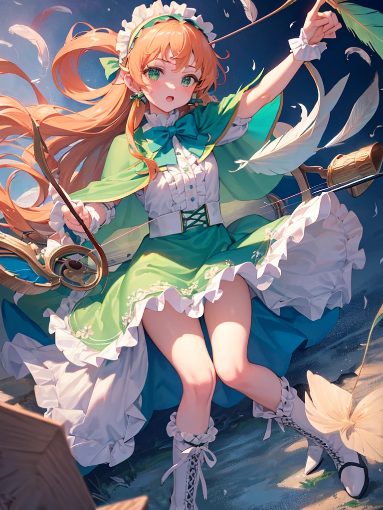 photo realistic, (masterpiece,best quality:1.4),(8k,raw photo,photo realistic:1.2),Not Safe for Work, detailed skin,detailed face,1girl,princess, cute face, super resolution,retro realistic details Illustration,,{{{elaborate,intricately,fantastic,delicately,tremendous,meticulous,minute,incredibly,obsessed,artisan's,subtle,virtuoso,skillful,vibrant, vivid, complex}}}, clearly focus edge, fresh natural gradation, best quality, amazing quality, very aesthetic, absurdres,
pubisure,
Break,
(((prepare archery, archery and arrow))), (((Green dirndl))), mini frilled skirt, (((Forehead raise))), (frilled panties), serious expression, ((hairband)), ((Long hair)), ((light orange hair)), straight hair, shimmering eyes, Green eyes, , 12 yo, , cute, (((cape))), ((Blue the Bow)), Puffy Sleeves, shortsleeves, ((green bow ribbon)), (White frilled apron), flat chest, beautiful hands, neck ribbon, wrist cuffs, arm garter, baby , twinkle in the eye, (((frilled overknee socks))),(((high tops))), ((ankle boots)), Heart necklace, ring, masterpiece, top-quality, not safe for work,
BREAK,
yumekawa,yumekawaii, pastel color,(wonderland:1.3),imagination, ((tornado)), ((feathers)), (((Fluttering feathers))), Wind, (Multicolored lights), (((trading card))),