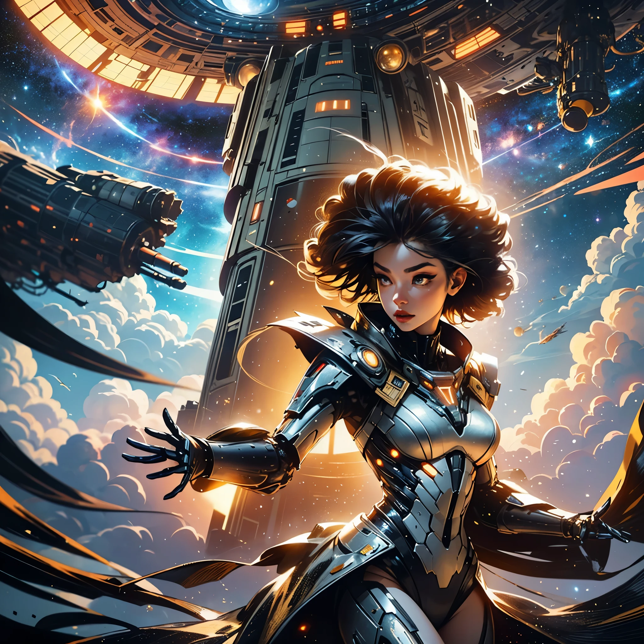 realistic visual effects,attractive beautiful,dramatic contrast,Gentle lighting,Delicate warmth,the soft light,hyper HD, Extremely colorful,best qualityer,perfect female shape,HighDynamicRange,long eyelasher,Unbeatable masterpiece,putting makeup on, Sexy goddess,Large metal mechanical gears,Strange sky,8K high quality,A pair of big eyes are beautiful and moving,White skin,Makeup,Sexy outfit,Gold medal in this round,Gold Warframe,Spaceship,Mechanical pets, 【Background with】Large gold gear,Doomsday ruins,Giant tornado,The setting sun burns the clouds,Multiple planets,The end of the world,Multiple planets,Space-time tunnel,Space battleships,Mards,,Jupiter,Lightning Thunder, Mercury,Strange sky,Giant tornado,Blue light,salama,Large flying machines,Cool car,Time Tunnel,nuclear power plant,Futuristic car,Tornado。
