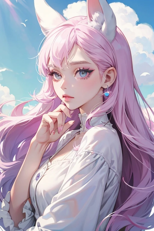 human Diana from animal crossing. Diana is a white deer with a curled, lilac lock of hair. She wears pale pink makeup and black mascara with two eyelashes towards the end. Her hooves and the outside edge of her ears are a matching pink, along with a sky blue gradient. The insides of her ears are the same lilac as her hair. 