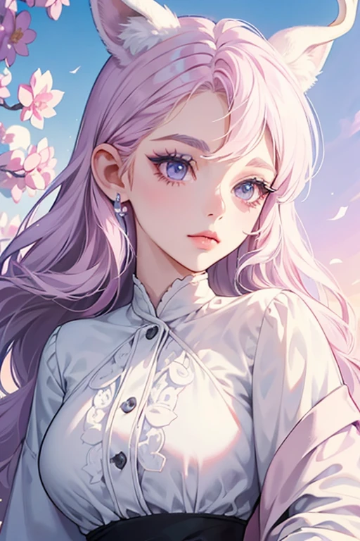 human Diana from animal crossing. Diana is a white deer with a curled, lilac lock of hair. She wears pale pink makeup and black mascara with two eyelashes towards the end. Her hooves and the outside edge of her ears are a matching pink, along with a sky blue gradient. The insides of her ears are the same lilac as her hair.