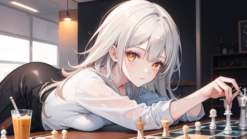 1girl, white hair, vibrant orange eyes, casual wear, playing chess, chessboard, casual background, beautiful eyes, beautiful hair, masterpiece, 4k, hd, detailed, detailed face,