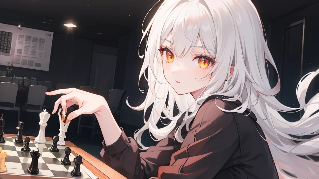 1girl, white hair, vibrant orange eyes, casual wear, playing chess, chessboard, casual background, beautiful eyes, beautiful hair, masterpiece, 4k, hd, detailed, detailed face,