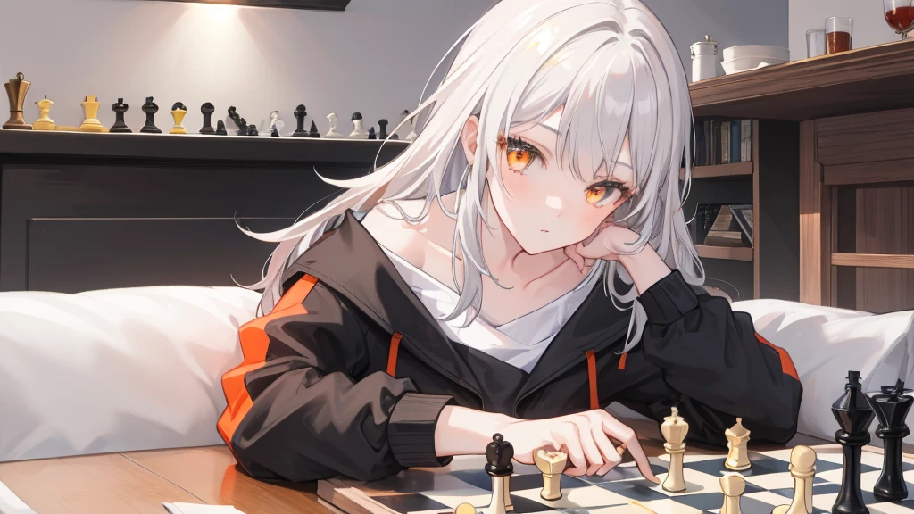 1girl, white hair, vibrant orange eyes, casual wear, playing chess, chessboard, casual background, beautiful eyes, beautiful hair, masterpiece, 4k, hd, detailed, detailed face,