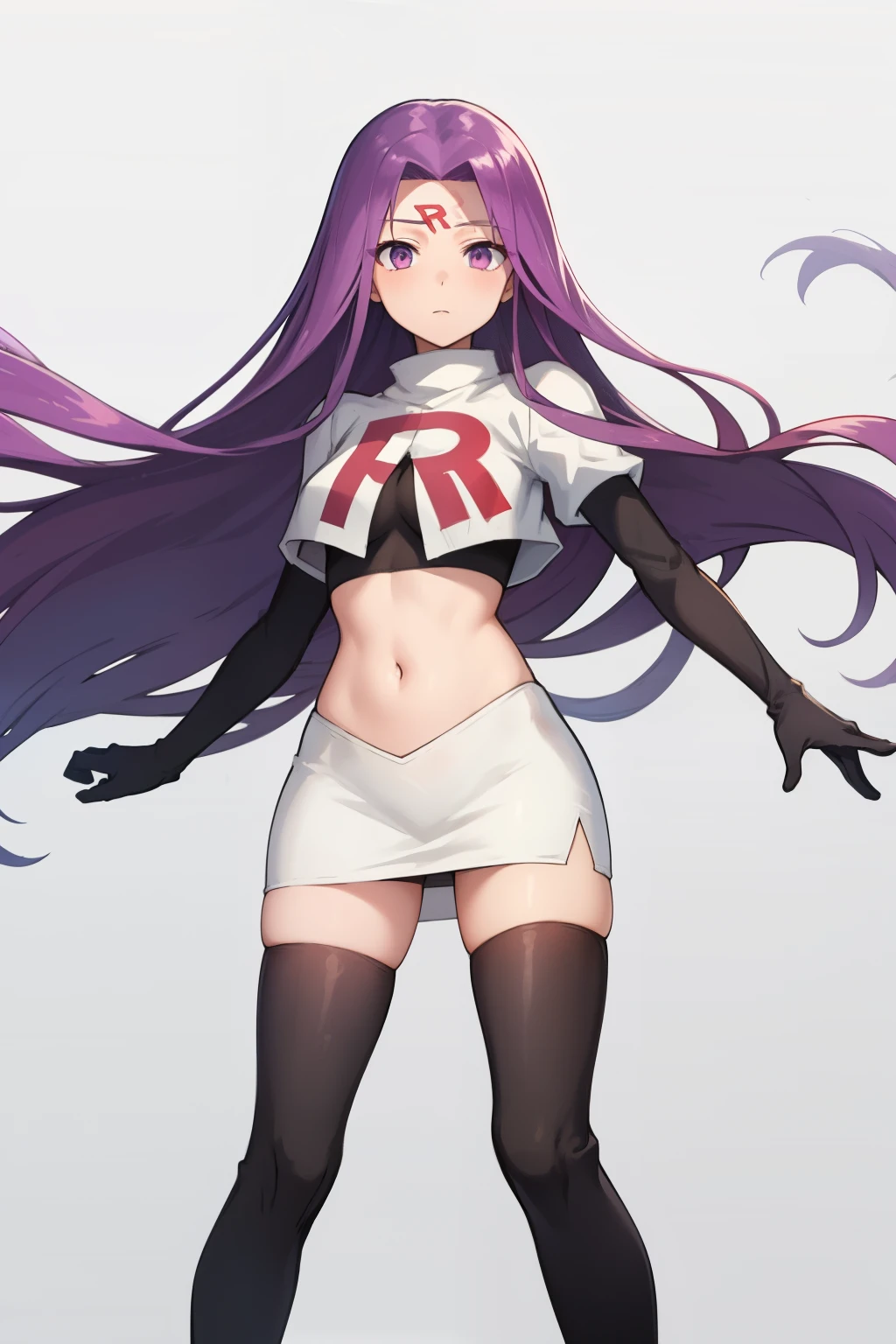 best quality, (masterpiece:1.2), highly detailed,
fate/stay background,
medusa_ubw,
1girl, solo, standing, looking at the viewer,
absurdly long hair, purple hair, floating hair, purple eyes, medium breasts,
team rocket,team rocket uniform,white skirt,red letter R,crop top,black thigh-highs,black elbow gloves,