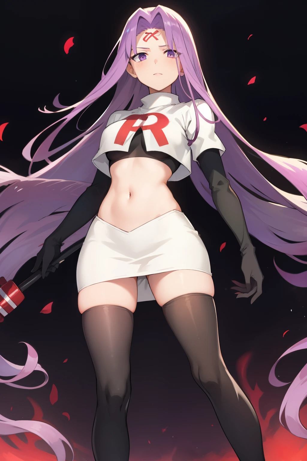 best quality, (masterpiece:1.2), highly detailed,
fate/stay background,
medusa_ubw,
1girl, solo, standing, looking at the viewer,
absurdly long hair, purple hair, floating hair, purple eyes, medium breasts,
team rocket,team rocket uniform,white skirt,red letter R,crop top,black thigh-highs,black elbow gloves,