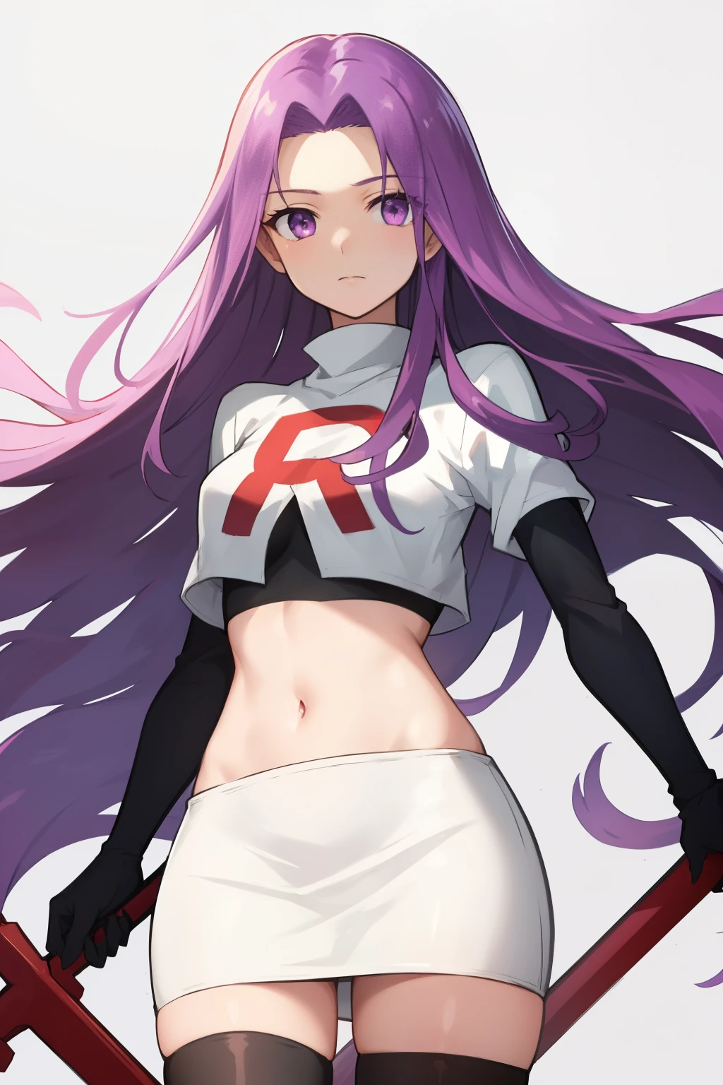 best quality, (masterpiece:1.2), highly detailed,
fate/stay background,
medusa_ubw,
1girl, solo, standing, looking at the viewer,
absurdly long hair, purple hair, floating hair, purple eyes, medium breasts,
team rocket,team rocket uniform,white skirt,red letter R,crop top,black thigh-highs,black elbow gloves,