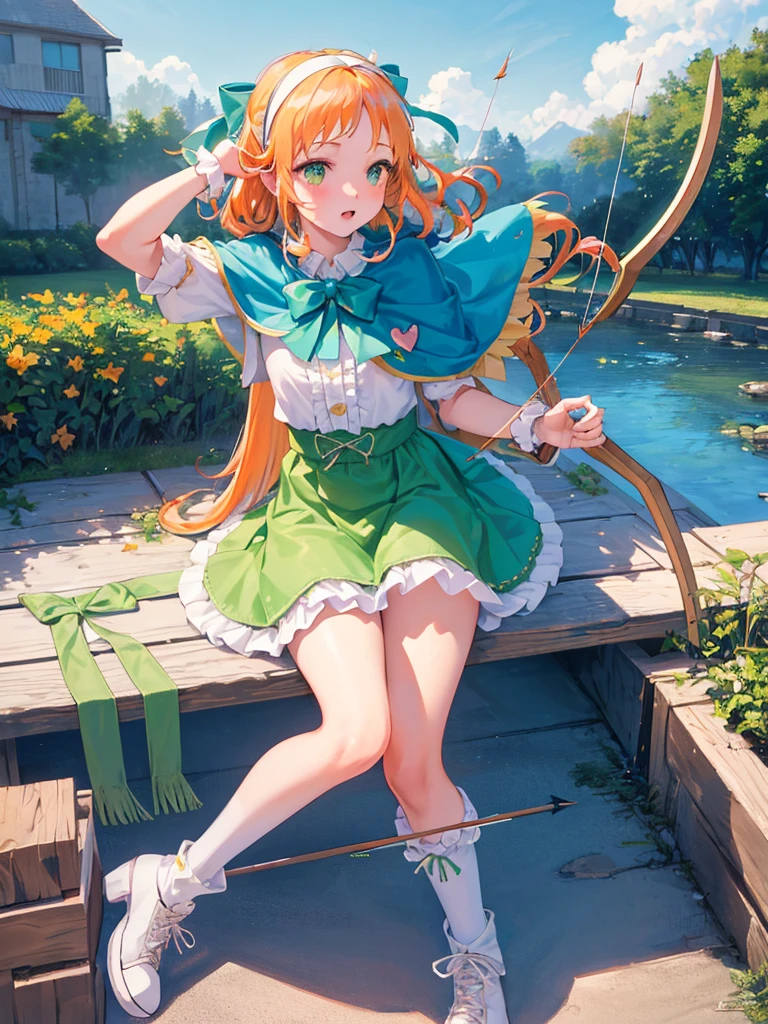 photo realistic, (masterpiece,best quality:1.4),(8k,raw photo,photo realistic:1.2),Not Safe for Work, detailed skin,detailed face,1girl,princess, cute face, super resolution,retro realistic details Illustration,,{{{elaborate,intricately,fantastic,delicately,tremendous,meticulous,minute,incredibly,obsessed,artisan's,subtle,virtuoso,skillful,vibrant, vivid, complex}}}, clearly focus edge, fresh natural gradation, best quality, amazing quality, very aesthetic, absurdres,
pubisure,
Break,
(((prepare aarchery, archery and arrow))), Archer, (((Green dirndl))), mini frilled skirt, (((Forehead raise))), (frilled panties), serious expression, ((hairband)), ((Long hair)), ((light orange hair)), straight hair, shimmering eyes, Green eyes, , 12 yo, , cute, (((cape))), ((Blue the Bow)), Puffy Sleeves, shortsleeves, ((green bow ribbon)), (White frilled apron), flat chest, beautiful hands, neck ribbon, wrist cuffs, arm garter, baby , twinkle in the eye, (((frilled overknee socks))),(((high tops))), ((ankle boots)), Heart necklace, ring, masterpiece, top-quality, not safe for work,
BREAK,
yumekawa,yumekawaii, pastel color,(wonderland:1.3),imagination, ((tornado)), ((feathers)), (((Fluttering feathers))), Wind, (Multicolored lights), (((trading card))),
