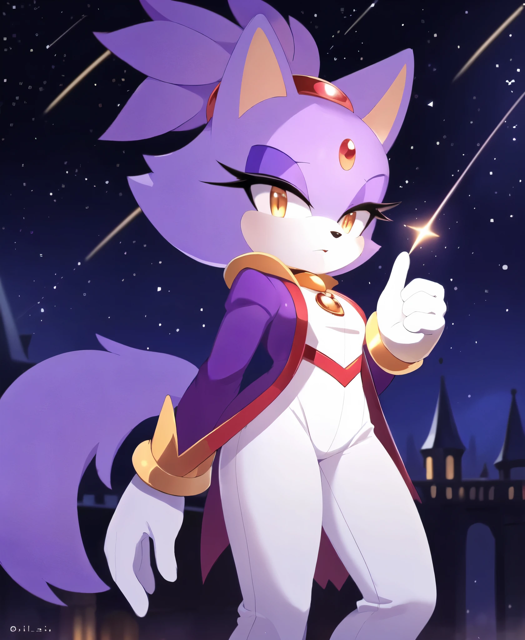 masterpiece, best quality, highres, Blaze The Cat, 1girl, gold necklace, white jumpsuit, animal_ears, closed_mouth, red forehead_jewel, fur-trimmed_gloves, fur_trim, furry, furry_female, gloves, long_sleeves, purple_coat, purple_hair, solo, standing, tied_hair, topknot, white_gloves, white_pants, yellow_eyes, tail, photo background, night sky, castle, solo, shooting star, star \(sky\), perfect hands, perfect anatomy