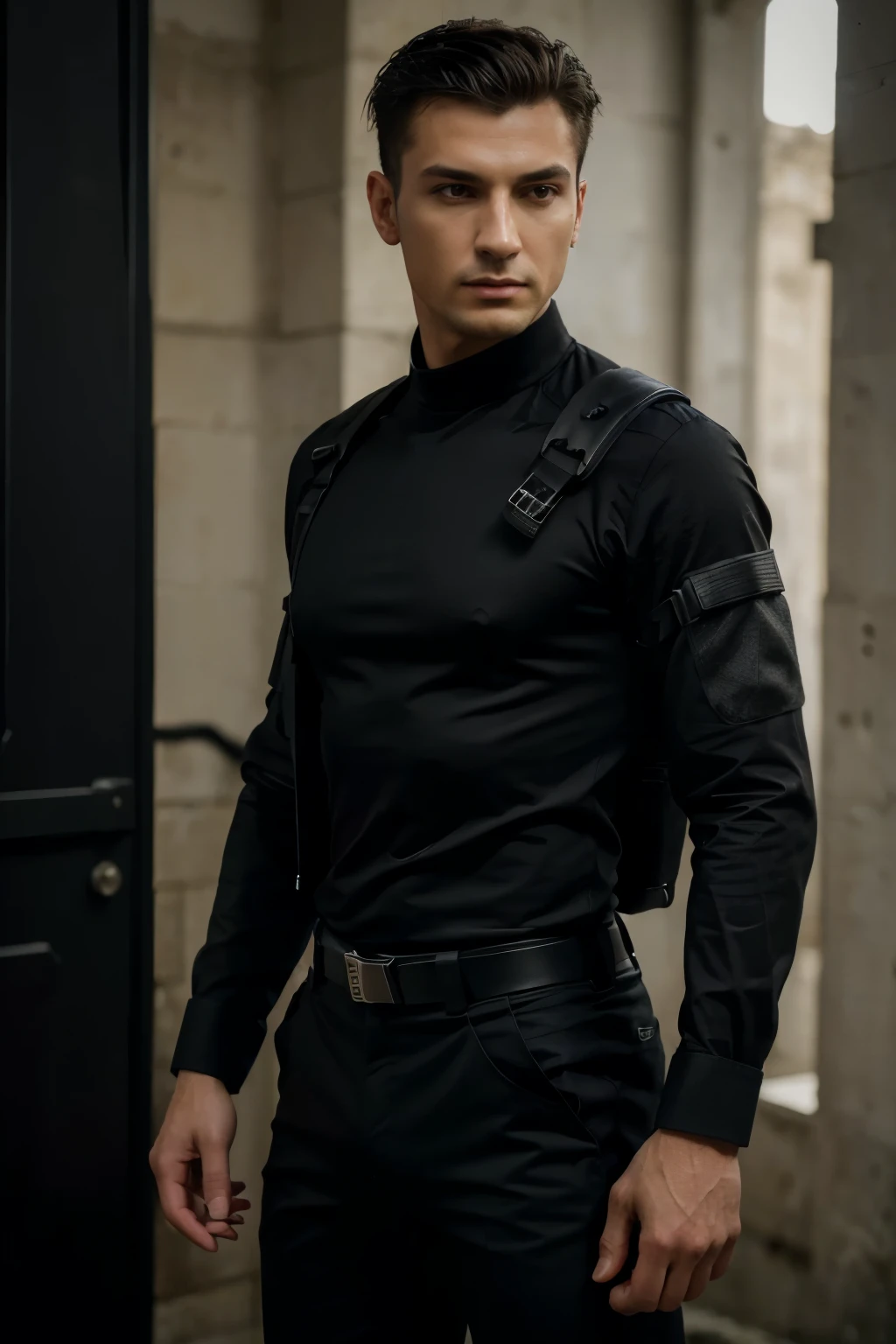 (best quality,4k,highres,masterpiece:1.2),ultra-detailed,(realistic:1.37),young man,skiny body,romanian,black shirt,black pants,matrix style,tactical shoulder holster,beretta m9a4 pistol,tactical gears