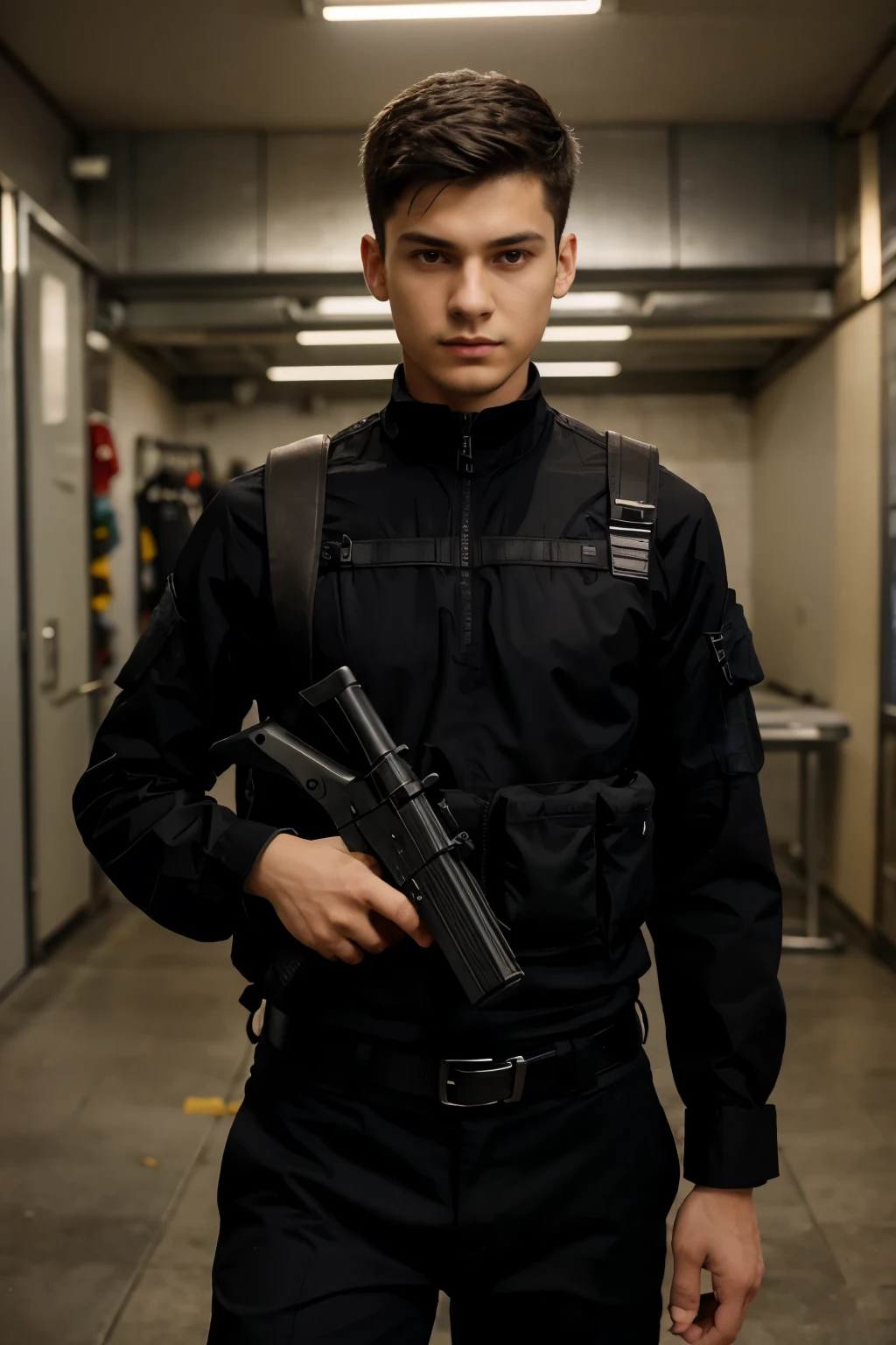 romanian young man, 15 years old, skiny body, wearing a black shirt and black pants, the matrix style, tactical shoulder holster, beretta m9a4 pistol, tactical gears