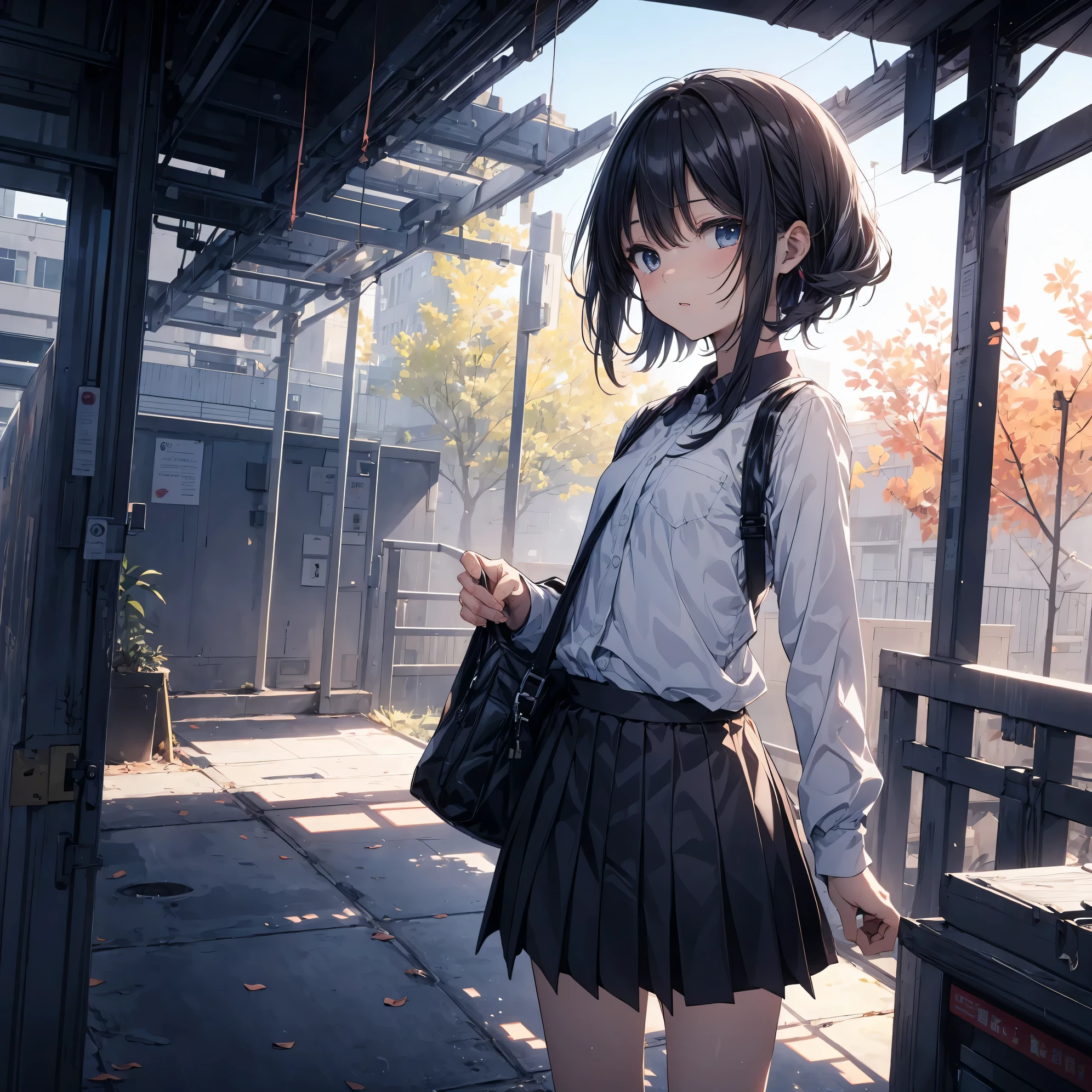 Super high quality by the art god, super detailed, High resolution,Kyoto animation style, anime moe art style, best anime 8K konachan wallpaper, pixiv contest winner, perfect anatomy, break,(眠そうにalone学校へ行く女の子を描いてください. ),break, surreal high school girl, (alone,lolita, , :1.3),All limbs, full finger,, androgynous charm, (very short hair), messy hair, flat chest, small ass, between legs, Small black eyes,beautiful and fine eyes, Well-proportioned iris and pupils, disgusted eyes, High resolutionの詳細な髪, wearing school uniform, (skirt), On the way to school. break,super dense skin, Best lighting by famous artists, 8K, figure,