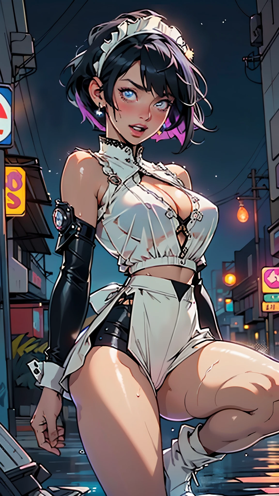 maid girl,((1girl)),((maid girl with extremely cute and beautiful black hair)),
(large breasts:1.4),bountiful breasts,fluffy breasts,H cup bust,bust up,bulging bust top,(((black bob hair:1.35,colored inner hair,short hair,ear breathing))),((heterochromia:1.5, (purple_eye and blue_eye))),big eyes:1.3,((fat)),(((lustrous skin:1.5,bright skin: 1.5,skin tanned,shiny skin,very shiny skin,shiny body,plastic glitter skin,exaggerated shiny skin,illuminated skin,wet legs))),(spider lower abdomen,narrow waist,wide hip,athletic body,inflated legs, thick thighs,detailed body,(detailed face)),
cute,slutty,seductive,erotic,((nsfw)),
zettai ryouiki,(maid headdress),maid uniform,Headdress,(maid),sleeveless,mini skirt,boots,cleavage cutout,bare legs,clothes with a lot of lace frills,((wet clothes,intricate outfit,intricate clothes)),
(dynamic pose:1.0),solo focus,embarrassed,blush,sweat,((tears,open mouth)),moist eyes,(centered,scale to fit dimensions,Rule of thirds),
cyberpunk city by the ocean at night, with bright neon signs and dark stormy clouds and puddles, scenery:1.25,nighttime, starry night, cosmos,Very dark night that makes the neon lights stand out, very bright neon lights,nighttime, starry night, cosmos,
artistic photography,(photography taken by sldr),highres, sharp focus,(ultra detailed, extremely detailed), (photorealistic artwork:1.37),(extremely detailed CG unity 8k wallpaper),((synthwave background theme)),(((vibrant colors))),intricate,(intricate background),(masterpiece),(best quality),perfect rendered face,perfect face details,realistic face,photo realistic,analog style,((intricate detail)),(((realism))),