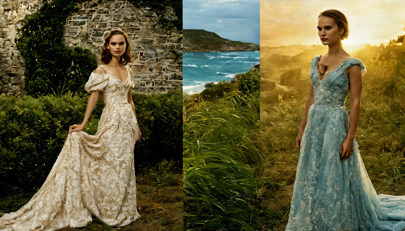beautiful young lady (Natalie Portman), (22 anos), vestido longo Abrolhos Claro , de corpo inteiro, em um mundo de fantazia castelo nas nuvesn por do sol com unicornil