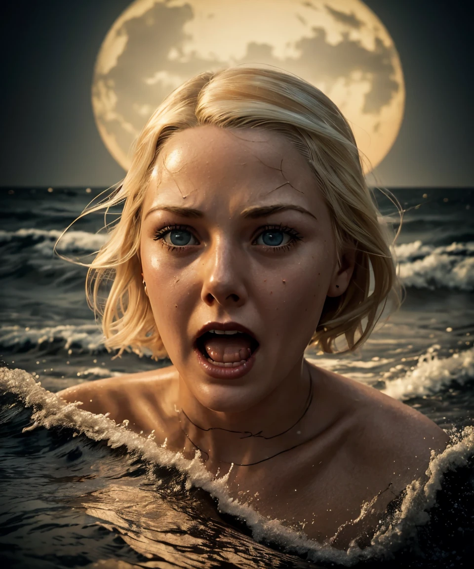 (sea creature), (extremely detailed 8k wallpaper), Dark Theme, Modern Horror, uses (((torn and aged red dress))), fine focus, (subsurface dispersion:1.1), (Middle-age woman), (Blonde hair), ((Completely Wet)), centered face, dramatic lighting, expression (serious), On a beach, at night, coming out of the sea.