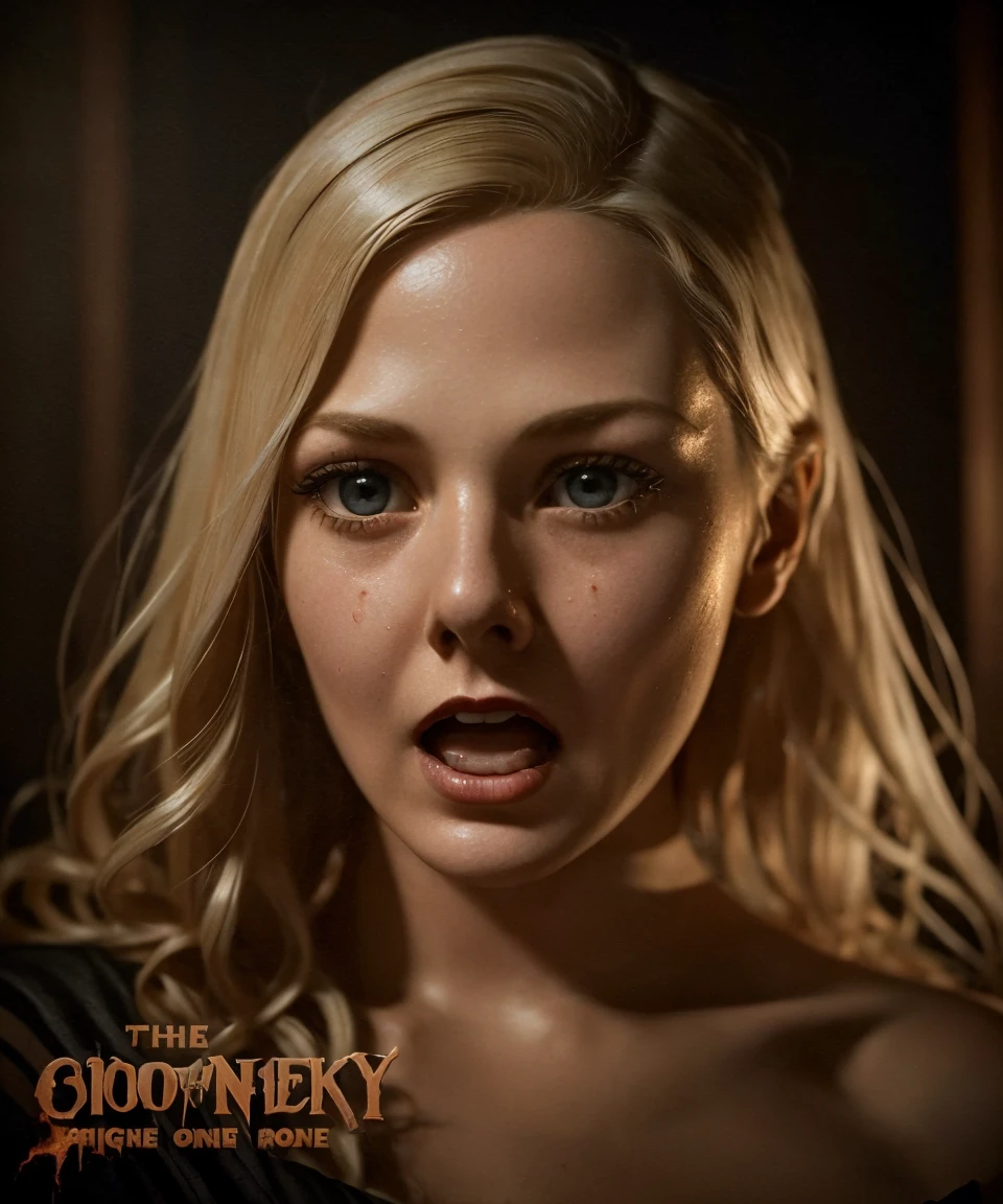 1930s, full nude Blonde American Woman、Run away, Screaming in surprise and fear、Hyper-realistic、Detailed face and skin、Horror movie poster style,、The Coast of the Spooky Night、Super Real、​master piece