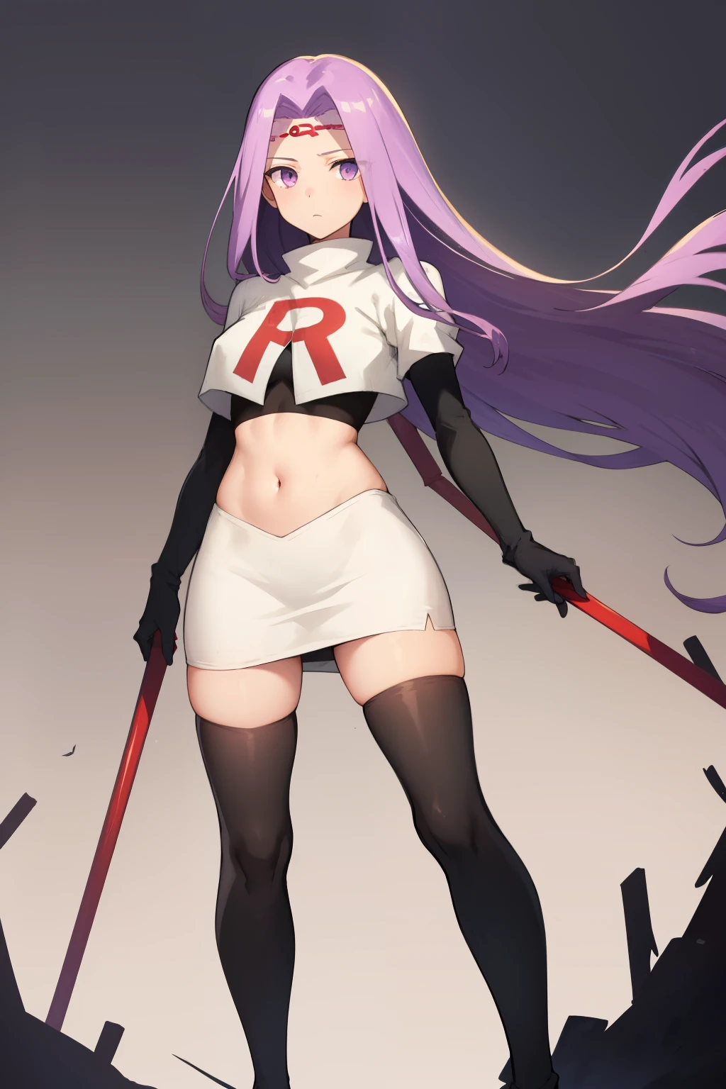 best quality, (masterpiece:1.2), highly detailed,
fate/stay background,
medusa_ubw,
1girl, solo, standing, looking at the viewer,
absurdly long hair, purple hair, floating hair, purple eyes, medium breasts,
team rocket,team rocket uniform,white skirt,red letter R,crop top,black thigh-highs,black elbow gloves,