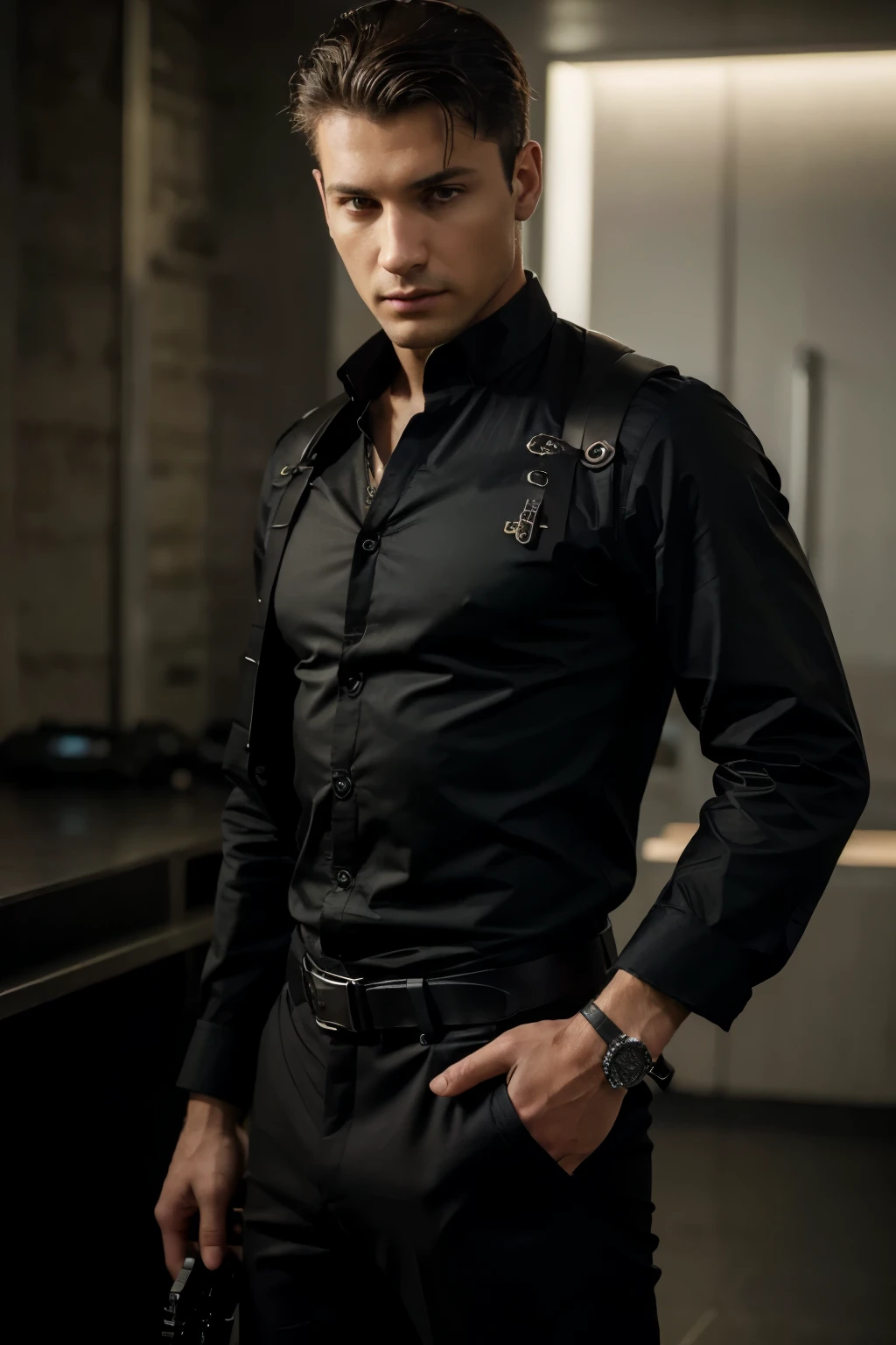 (best quality,4k,highres,masterpiece:1.2),ultra-detailed,(realistic:1.37),young man,skiny body,romanian,black shirt,black pants,matrix style,tactical shoulder holster,beretta m9a4 pistol,tactical gears
