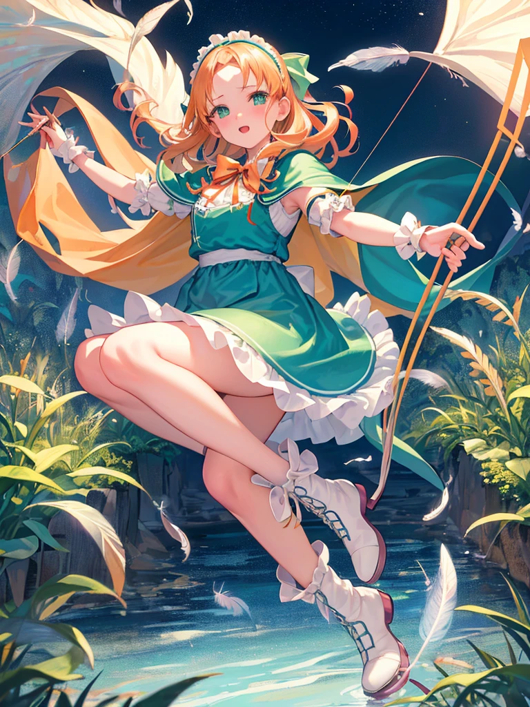 photo realistic, (masterpiece,best quality:1.4),(8k,raw photo,photo realistic:1.2),Not Safe for Work, detailed skin,detailed face,1girl,princess, cute face, super resolution,retro realistic details Illustration,,{{{elaborate,intricately,fantastic,delicately,tremendous,meticulous,minute,incredibly,obsessed,artisan's,subtle,virtuoso,skillful,vibrant, vivid, complex}}}, clearly focus edge, fresh natural gradation, best quality, amazing quality, very aesthetic, absurdres,
pubisure,
Break,
(((prepare archery, archery and arrow))), (((Green dirndl))), mini frilled skirt, (((Forehead raise))), (frilled panties), serious expression, ((hairband)), ((Long hair)), ((light orange hair)), straight hair, shimmering eyes, Green eyes, , 12 yo, , cute, (((cape))), ((Blue the Bow)), Puffy Sleeves, shortsleeves, ((green bow ribbon)), (White frilled apron), flat chest, beautiful hands, neck ribbon, wrist cuffs, arm garter, baby face, twinkle in the eye, (((frilled overknee socks))),(((high tops))), ((ankle boots)), Heart necklace, ring, masterpiece, top-quality, not safe for work,
BREAK,
yumekawa,yumekawaii, pastel color,(wonderland:1.3),imagination, ((tornado)), ((feathers)), (((Fluttering feathers))), Wind, (Multicolored lights), (((trading card))),