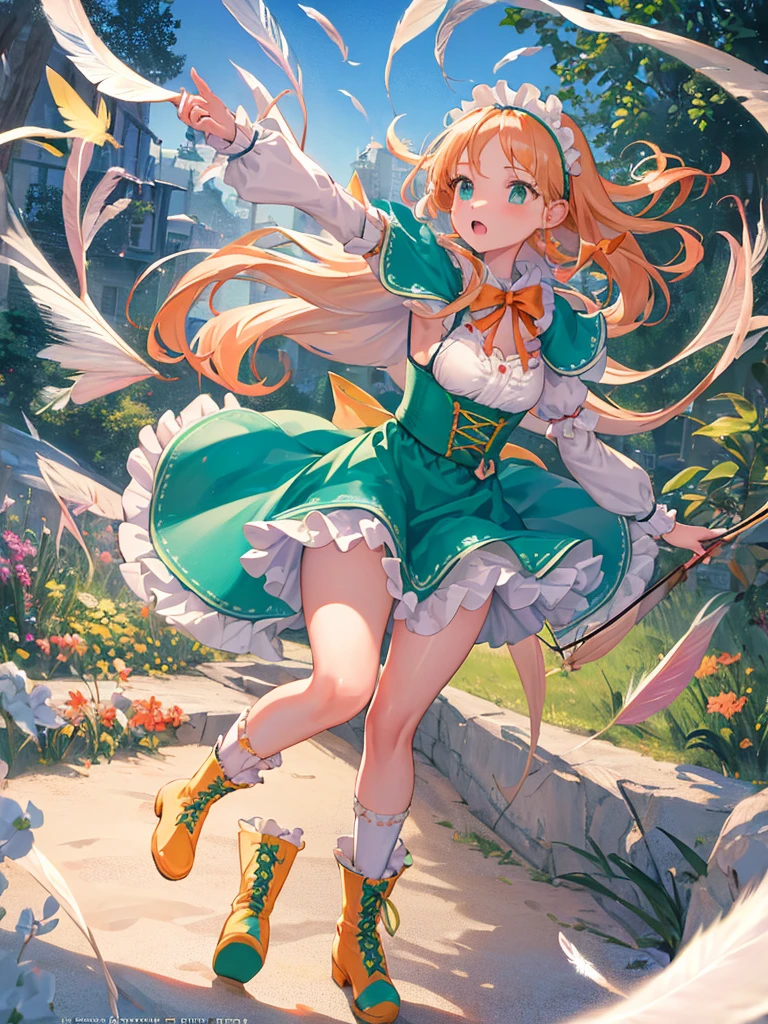 photo realistic, (masterpiece,best quality:1.4),(8k,raw photo,photo realistic:1.2),Not Safe for Work, detailed skin,detailed face,1girl,princess, cute face, super resolution,retro realistic details Illustration,,{{{elaborate,intricately,fantastic,delicately,tremendous,meticulous,minute,incredibly,obsessed,artisan's,subtle,virtuoso,skillful,vibrant, vivid, complex}}}, clearly focus edge, fresh natural gradation, best quality, amazing quality, very aesthetic, absurdres,
pubisure,
Break,
(((prepare archery, archery and arrow))), (((Green dirndl))), mini frilled skirt, (((Forehead raise))), (frilled panties), serious expression, ((hairband)), ((Long hair)), ((light orange hair)), straight hair, shimmering eyes, Green eyes, , 12 yo, , cute, (((cape))), ((Blue the Bow)), Puffy Sleeves, shortsleeves, ((green bow ribbon)),  (White frilled apron), flat chest, beautiful hands, neck ribbon, wrist cuffs, arm garter, baby face, twinkle in the eye, (((frilled overknee socks))),(((high tops))), ((ankle boots)), Heart necklace, ring, masterpiece, top-quality, not safe for work,
BREAK,
yumekawa,yumekawaii, pastel color,(wonderland:1.3),imagination, ((tornado)), ((feathers)), (((Fluttering feathers))), Wind, (Multicolored lights), (((trading card))),