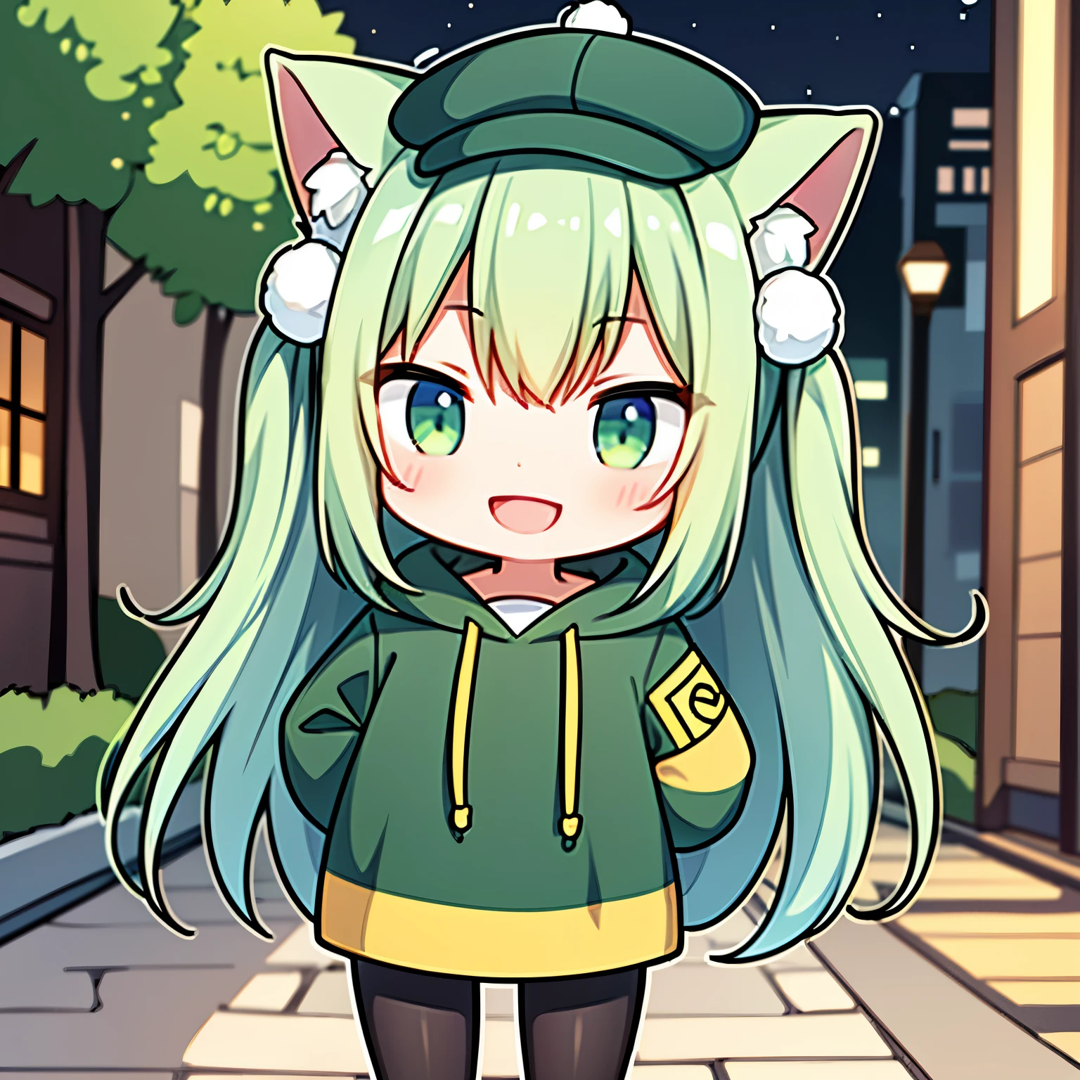 A girl with short yellow-green hair, around middle school age.。Wearing a green hoodie, shorts and black tights。wearing a cute little hat、Cat ears are popping out。draw the face in the middle。smile。eyes are open。Draw the head so it doesn&#39;t protrude above。Bright colors。There must be only one person。street at night。illustration style。Yuru Chara style。