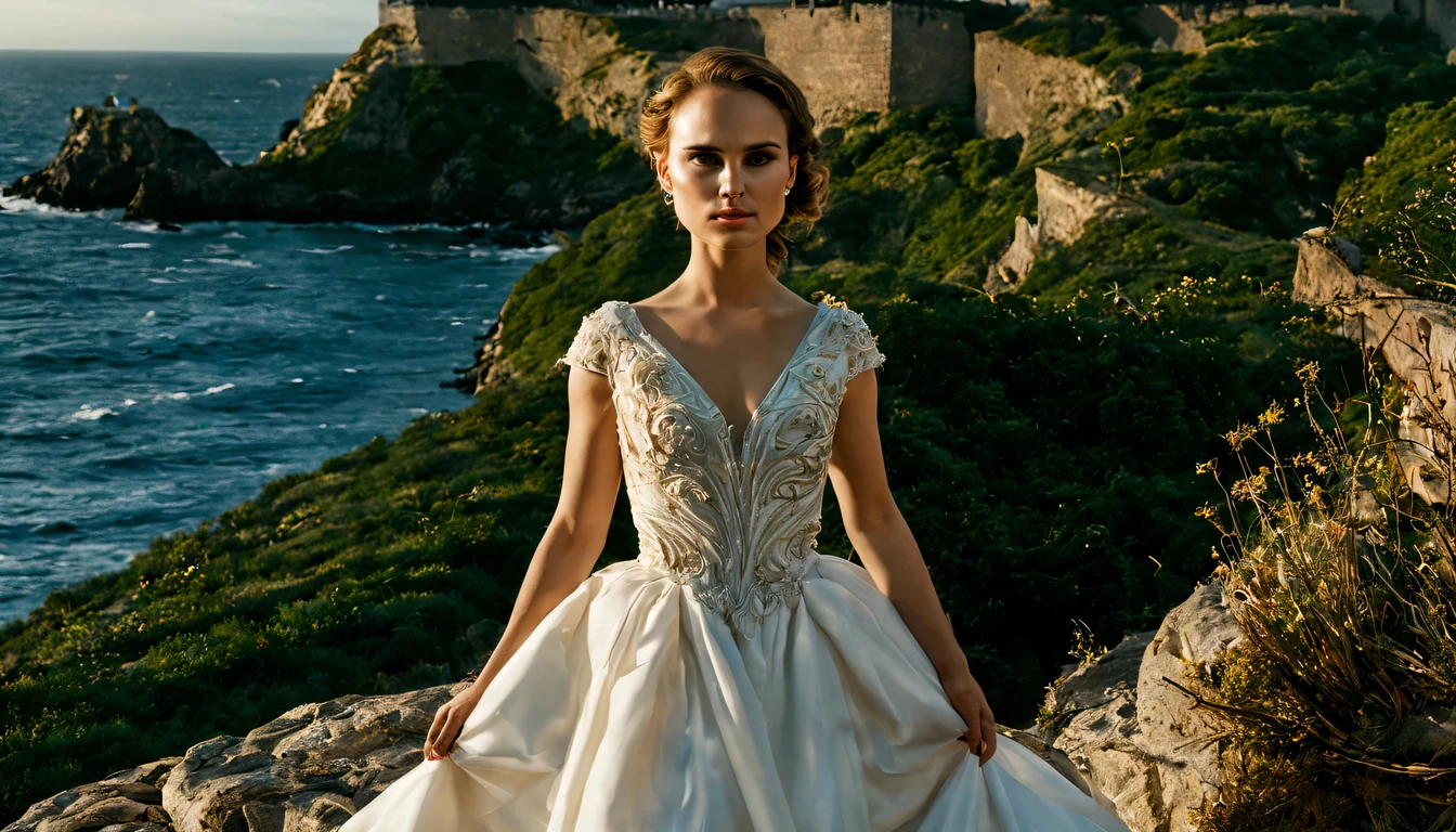 beautiful young lady (Natalie Portman), (22 anos), vestido longo Abrolhos Claro , de corpo inteiro, em um mundo de fantazia castelo nas nuvesn por do sol com unicornil